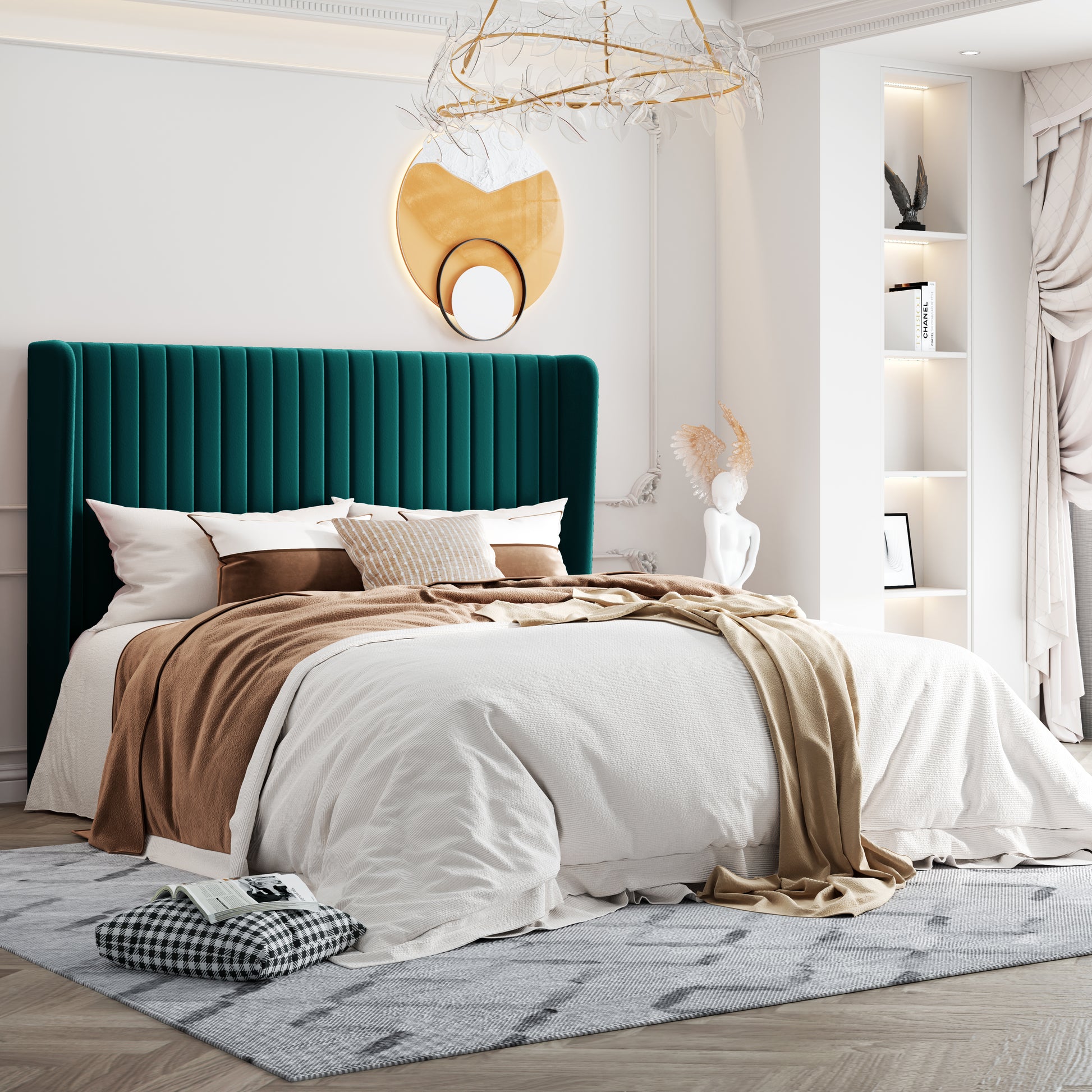Einfach Upholstered Bed Frame with Wingback Headboard, Vertical Tufted, Velvet Finish