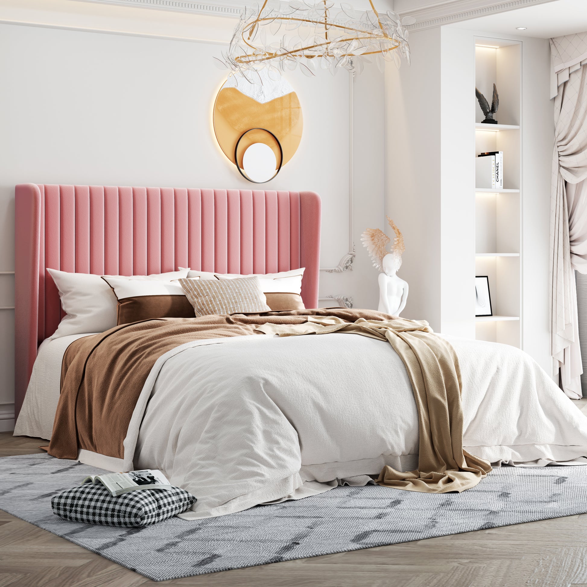 Einfach Upholstered Bed Frame with Wingback Headboard, Vertical Tufted, Velvet Finish
