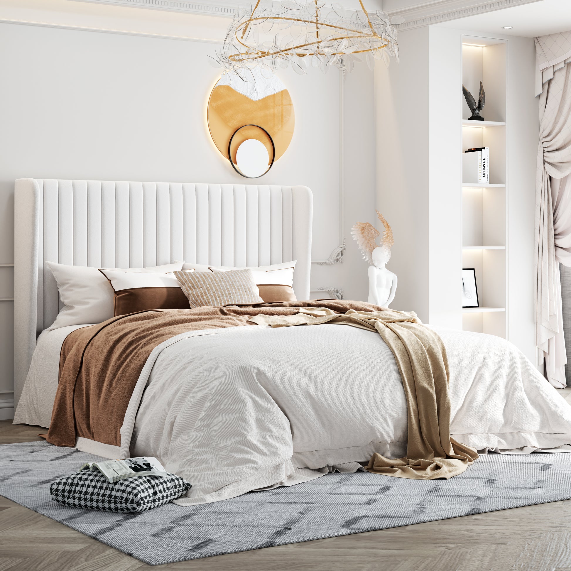 Einfach Upholstered Bed Frame with Wingback Headboard, Vertical Tufted, Velvet Finish
