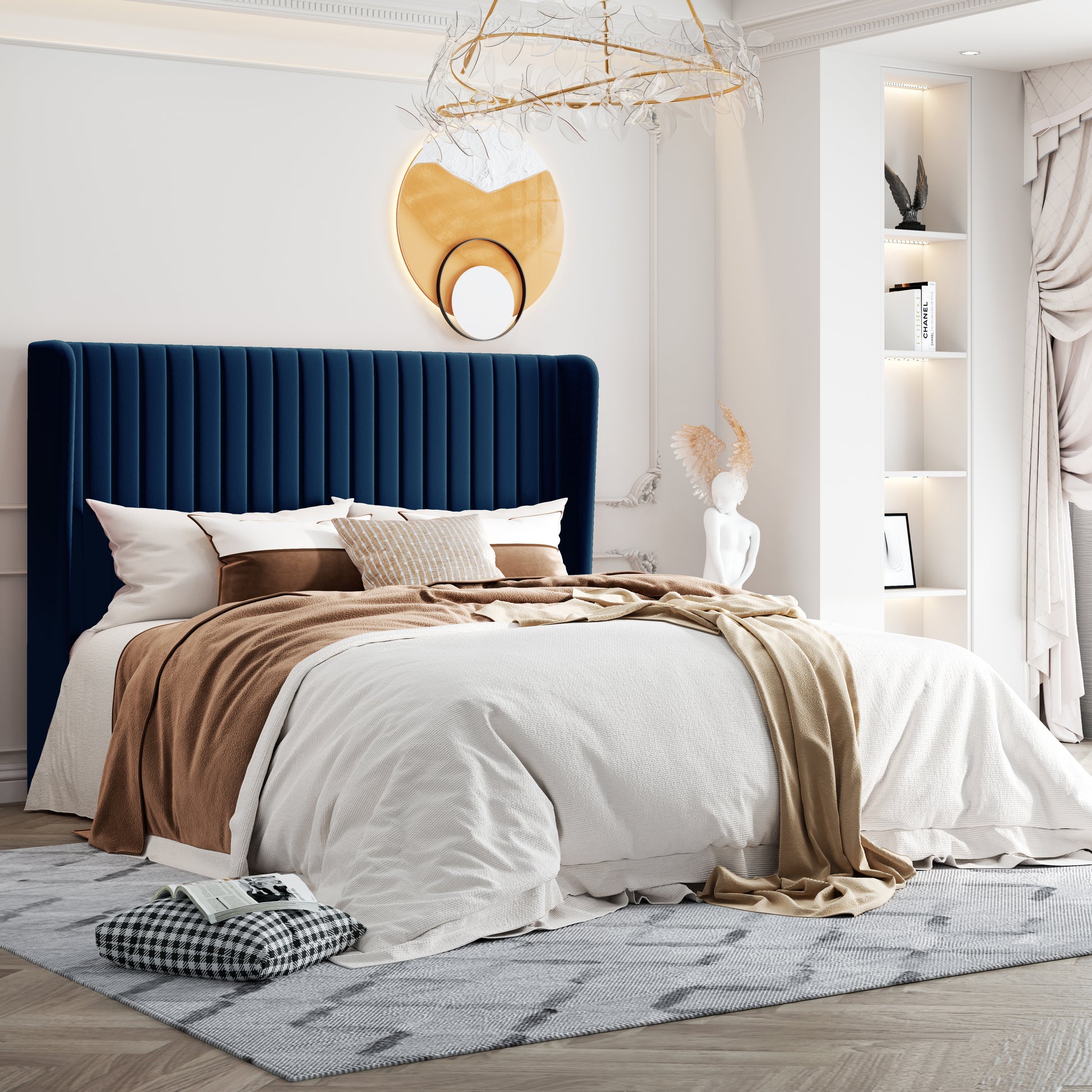 Einfach Upholstered Bed Frame with Wingback Headboard, Vertical Tufted, Velvet Finish