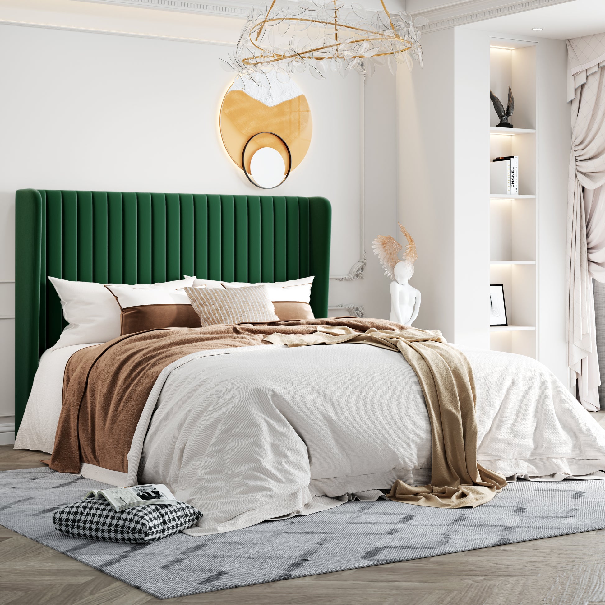 Einfach Upholstered Bed Frame with Wingback Headboard, Vertical Tufted, Velvet Finish