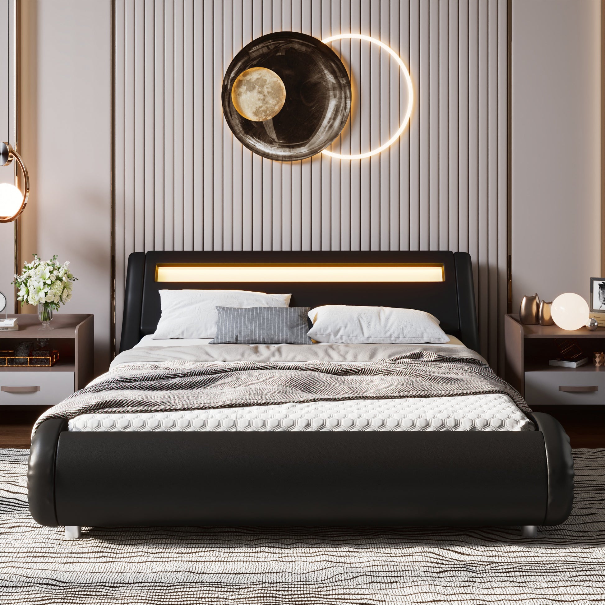 Einfach Faux Leather LED Sleigh Bed with Functional Headboard