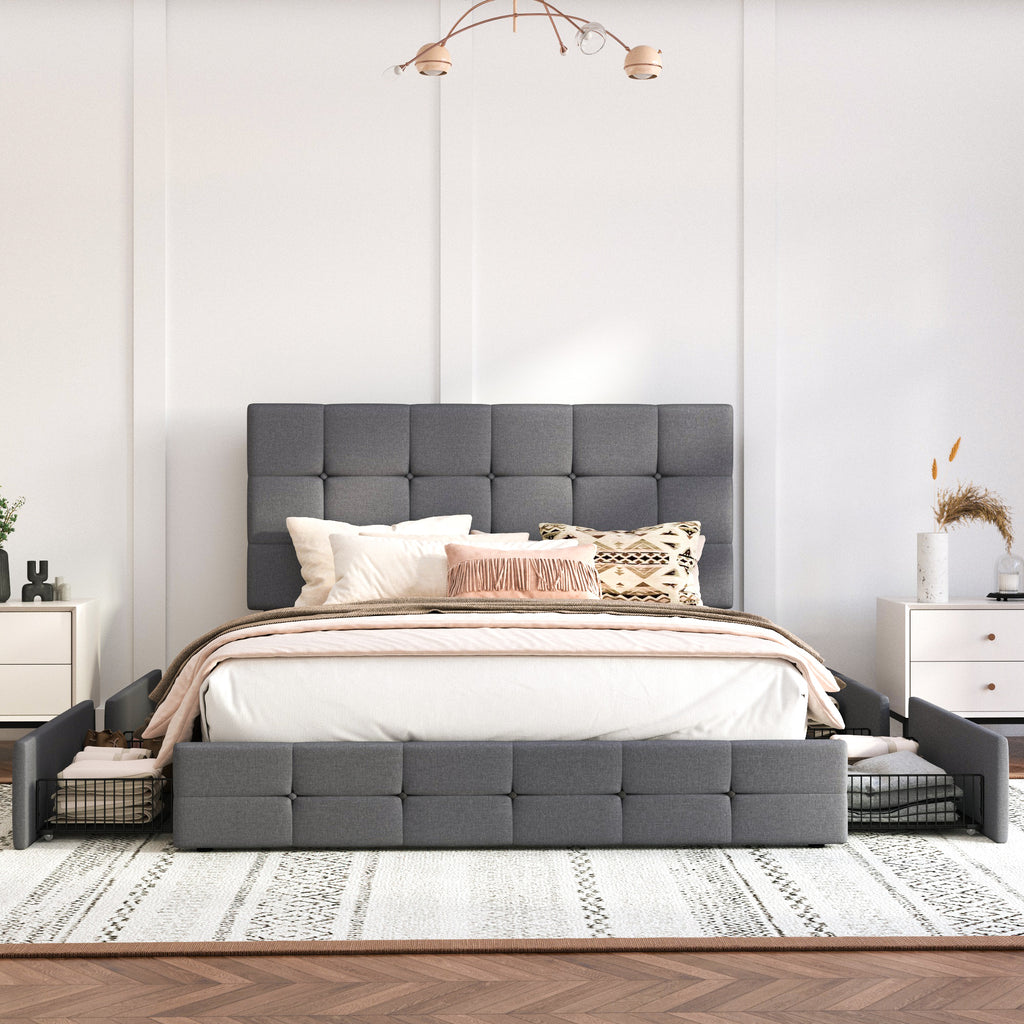 Einfach Linen Fabirc Platform Bed with 4 Big Storage Drawers, Adjustable Headboard