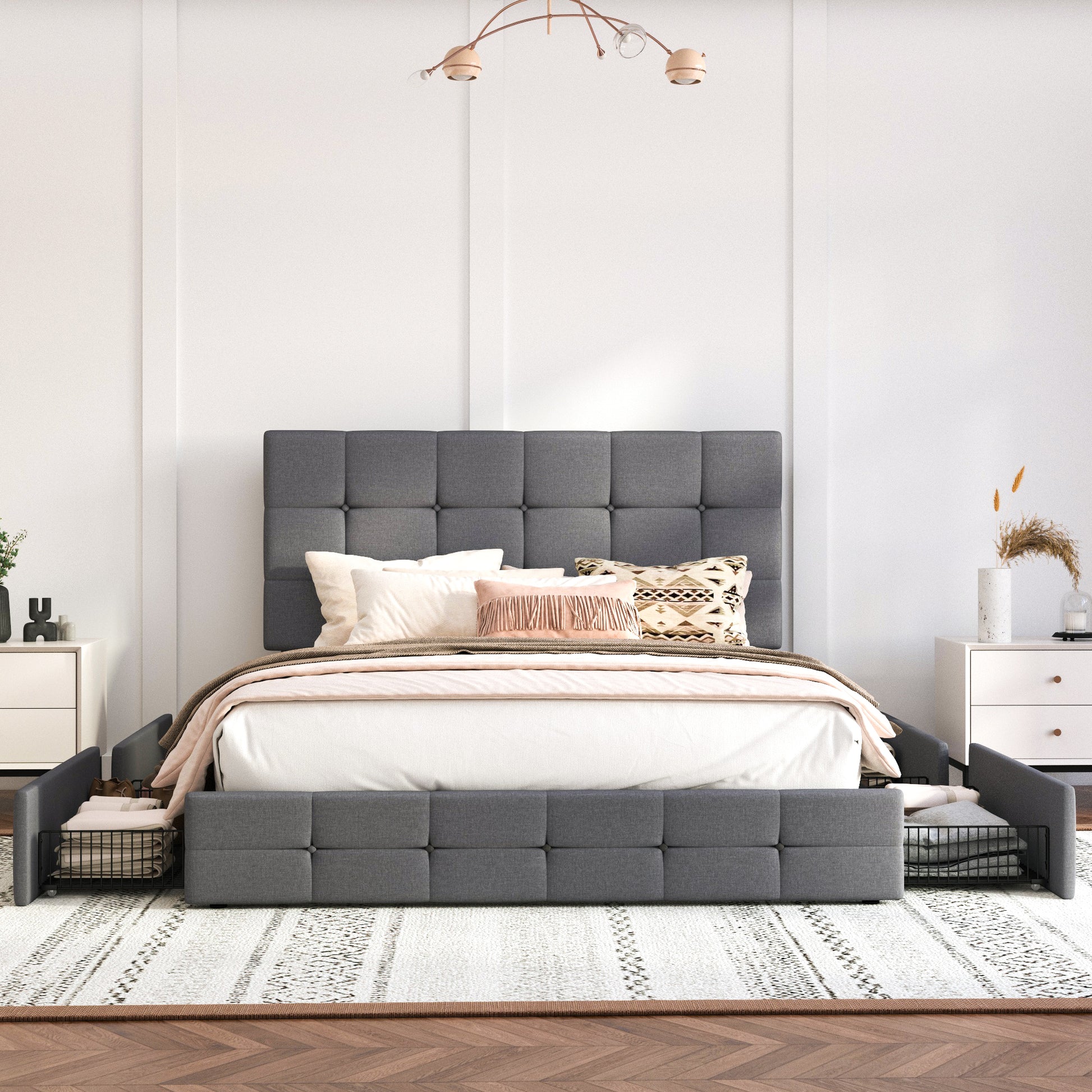 Einfach Linen Fabirc Platform Bed with 4 Big Storage Drawers, Adjustable Headboard