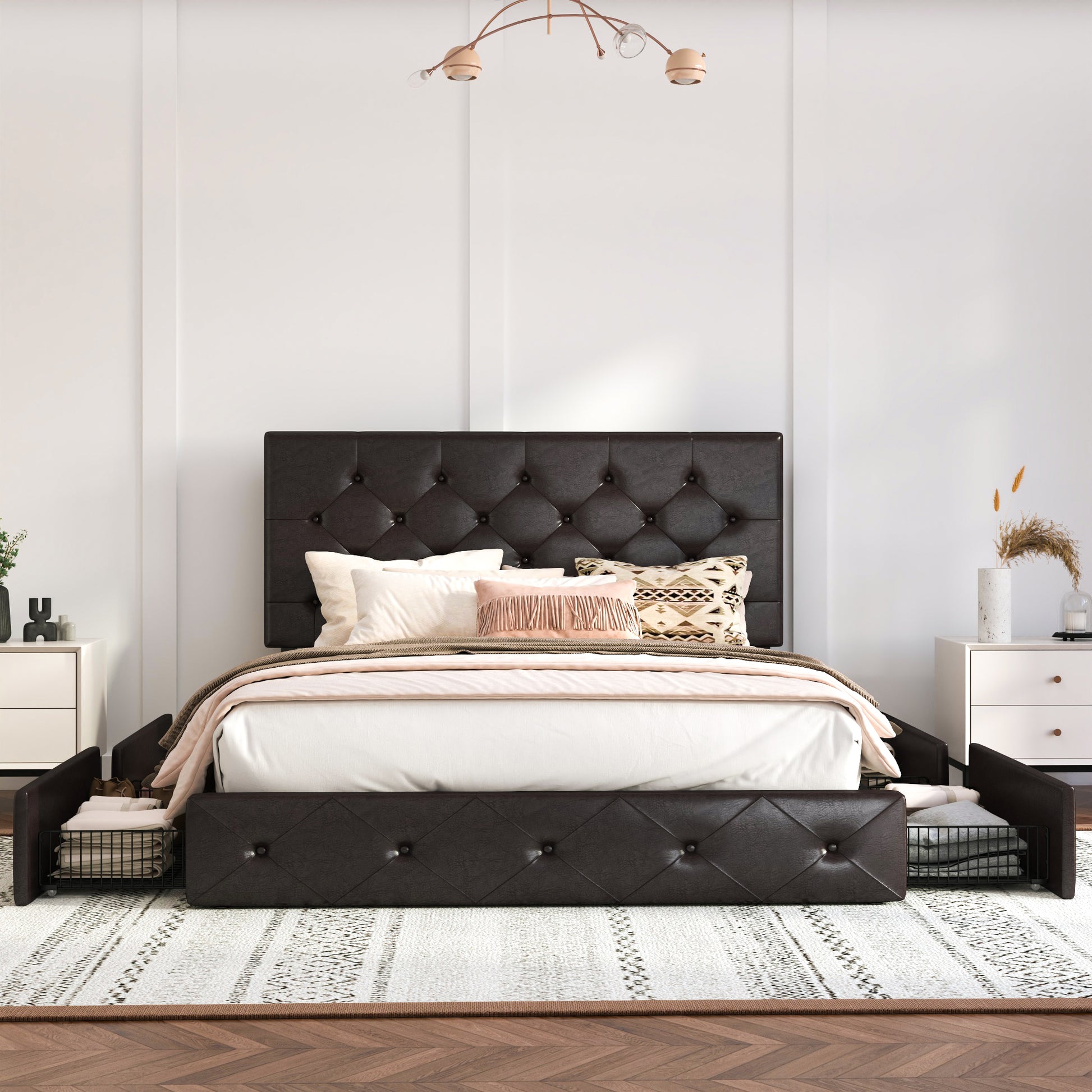 Einfach PU Leather Platform Bed with 4 Big Storage Drawers, Diamond Button Tufted Adjustable Headboard