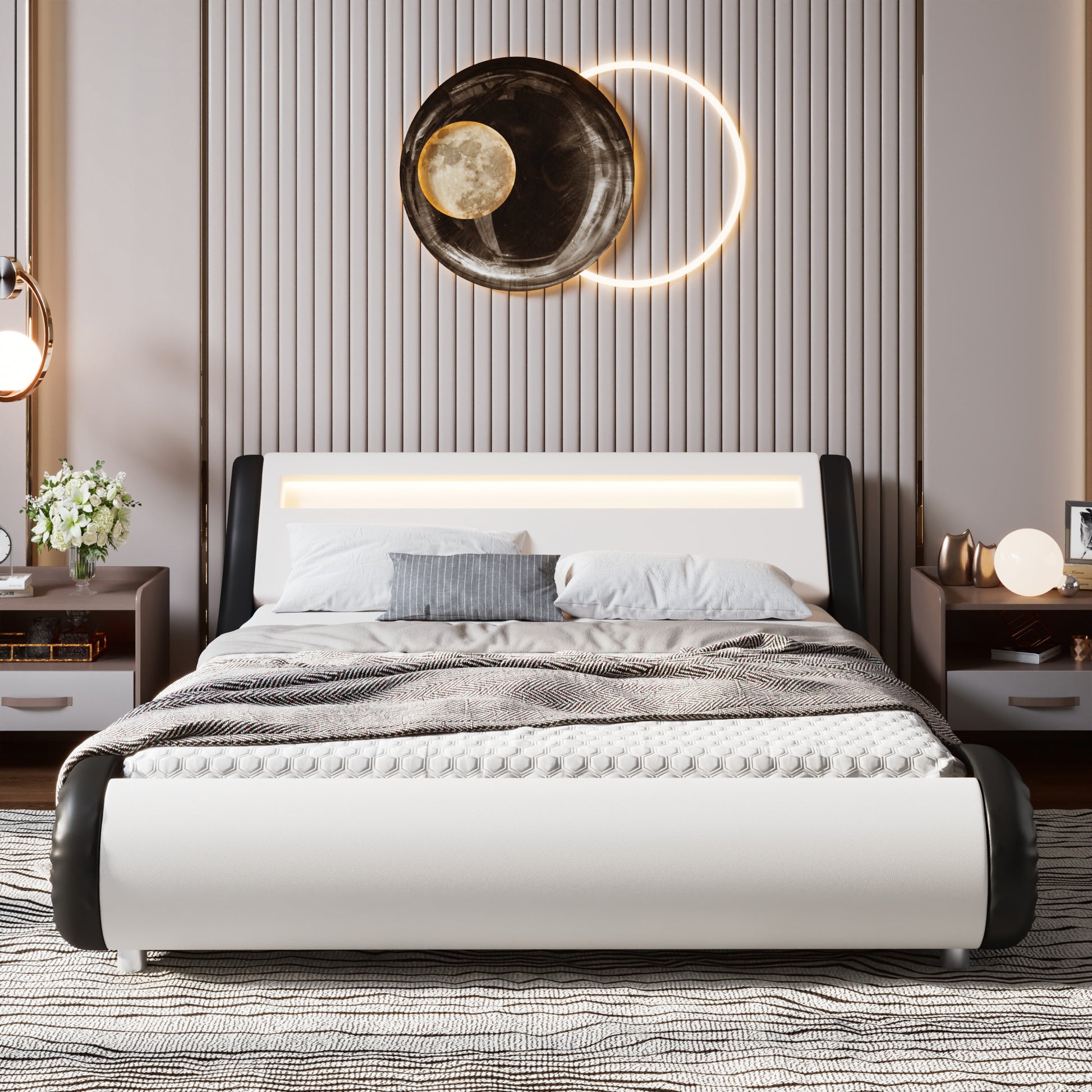 Einfach Faux Leather LED Sleigh Bed with Functional Headboard