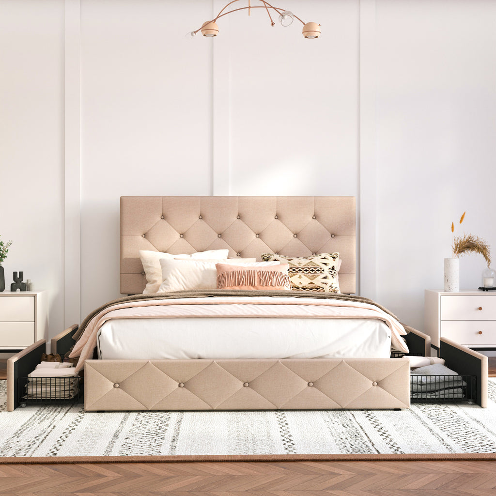 Einfach Linen Fabirc Platform Bed with 4 Big Storage Drawers, Adjustable Headboard