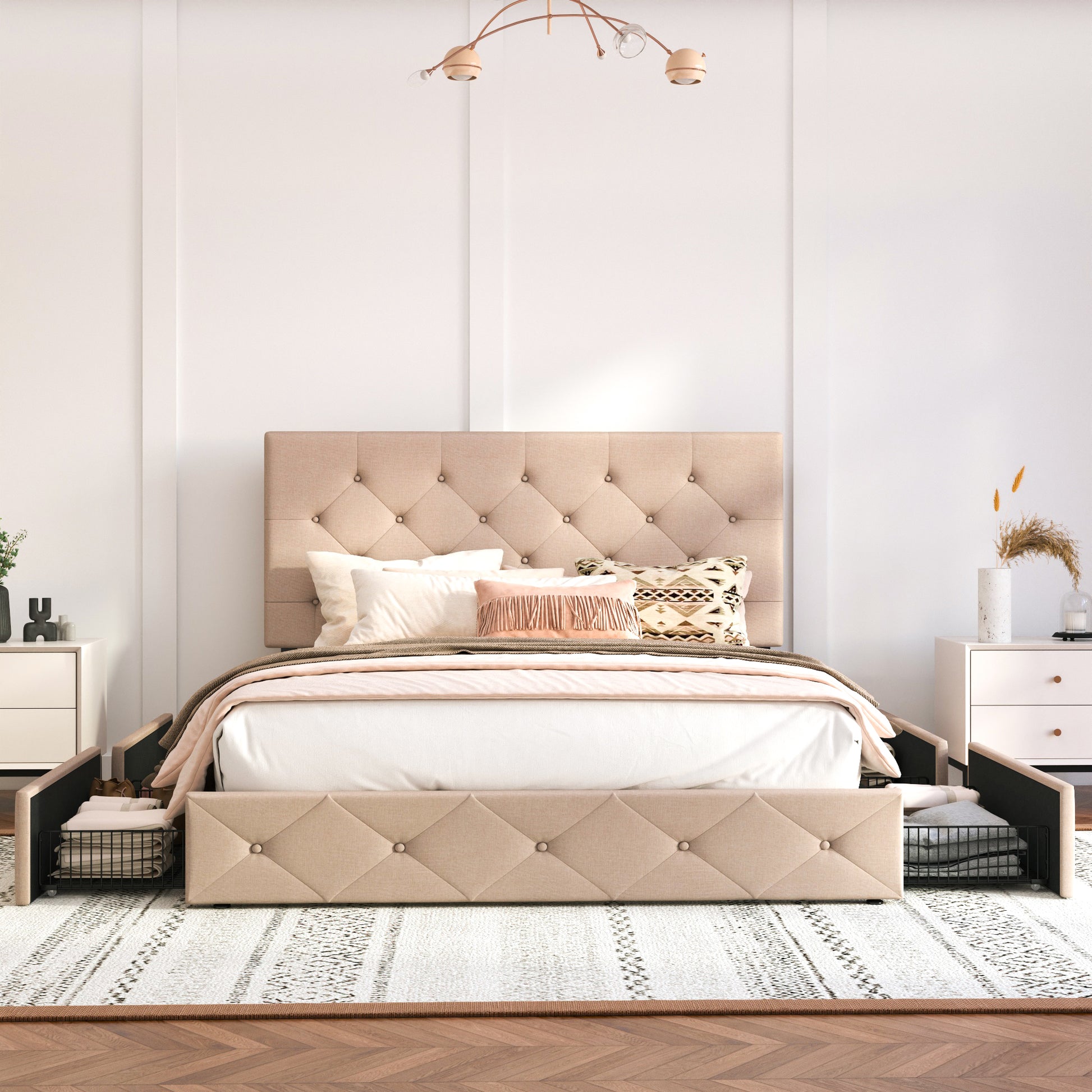 Einfach Linen Fabirc Platform Bed with 4 Big Storage Drawers, Adjustable Headboard