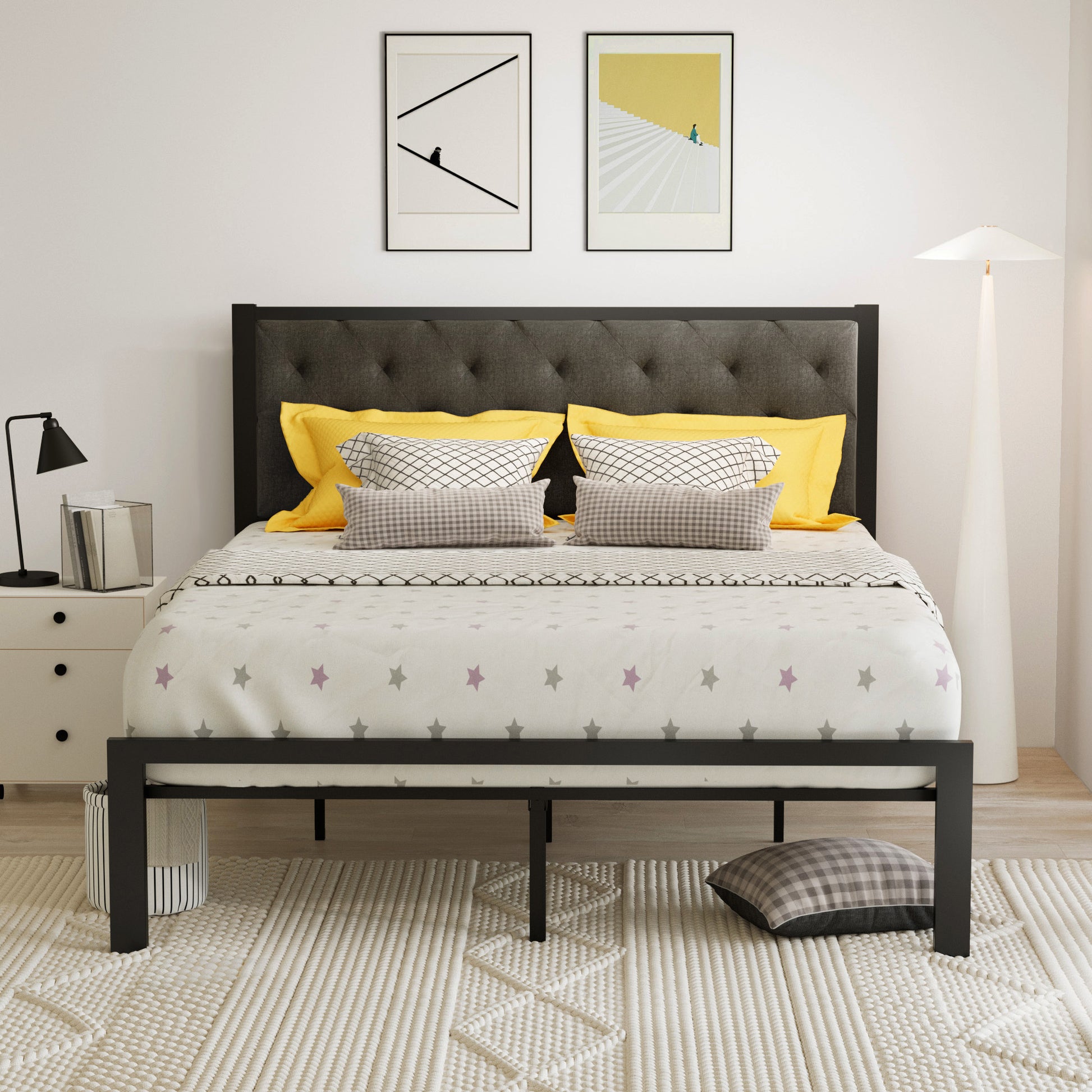 Einfach Fabric Platform Bed frame with Button-Tufted Headboard, Dark Grey