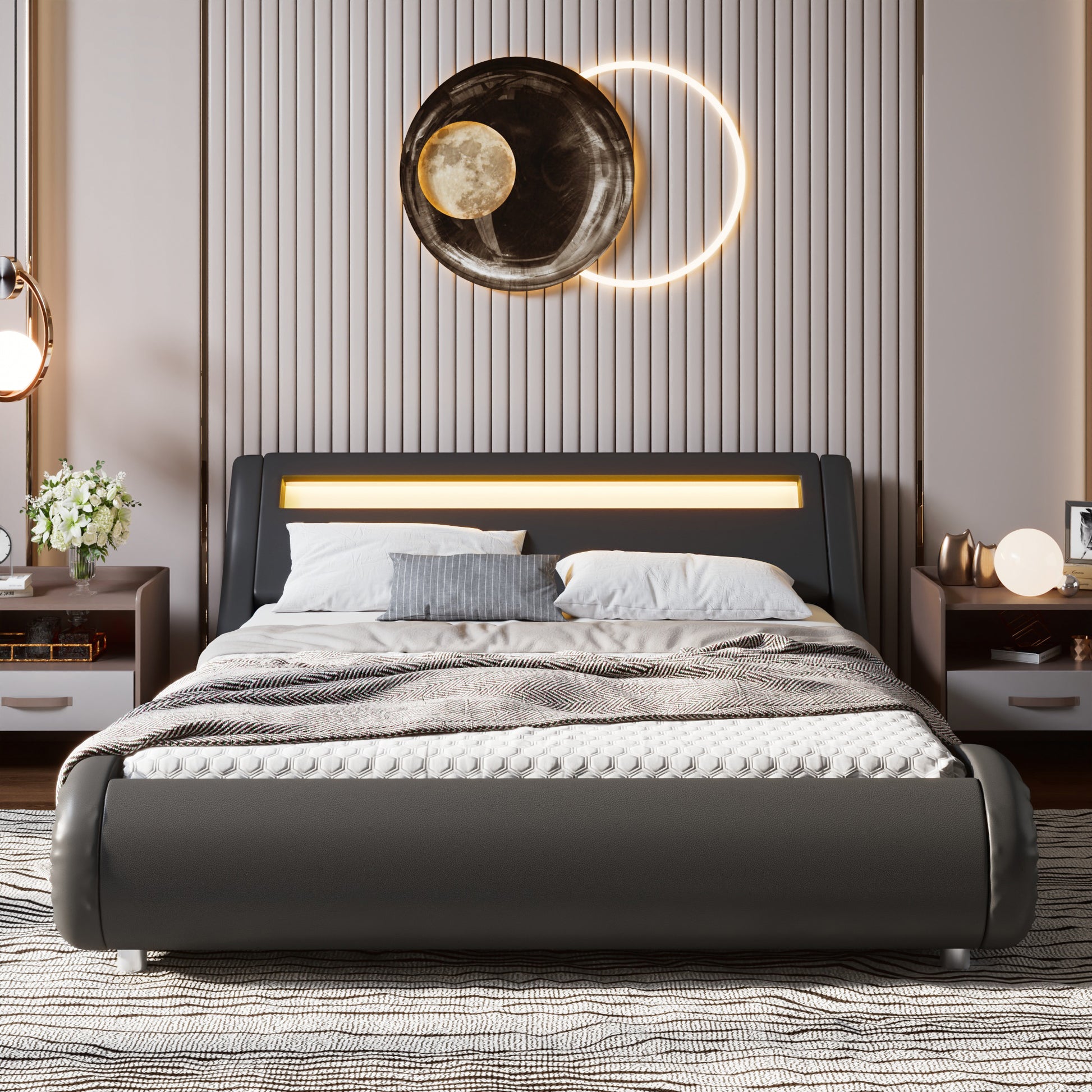Einfach Faux Leather LED Sleigh Bed with Functional Headboard