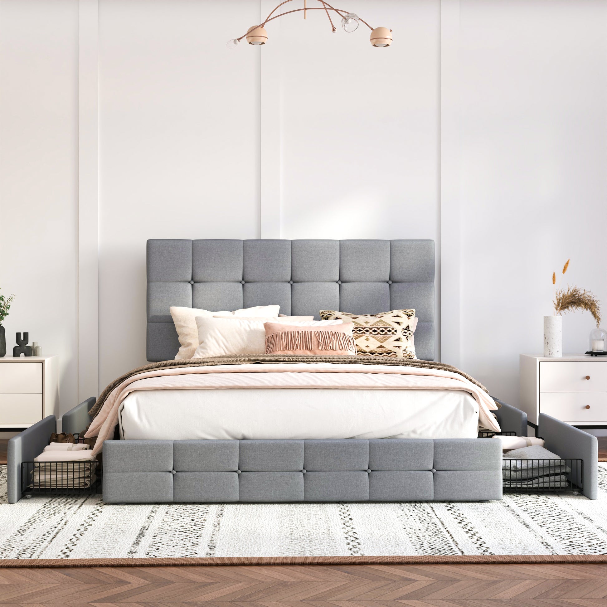 Einfach Linen Fabirc Platform Bed with 4 Big Storage Drawers, Adjustable Headboard
