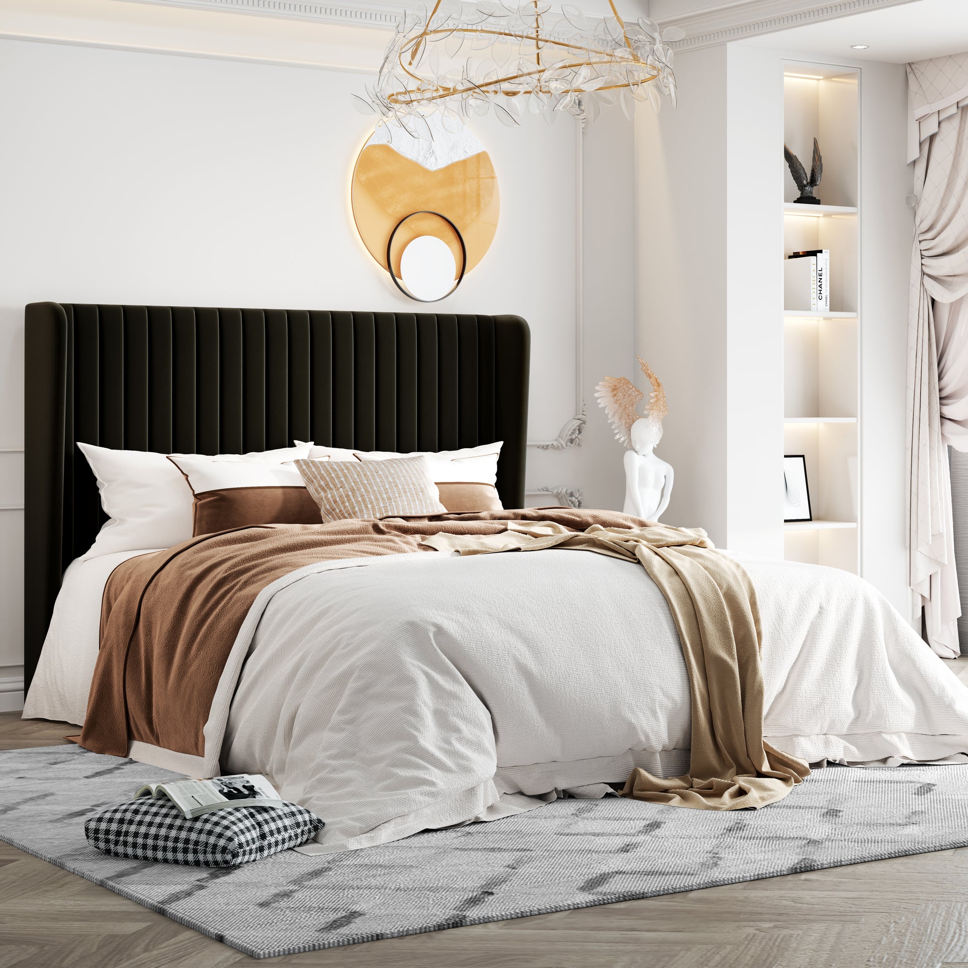 Einfach Upholstered Bed Frame with Wingback Headboard, Vertical Tufted, Velvet Finish
