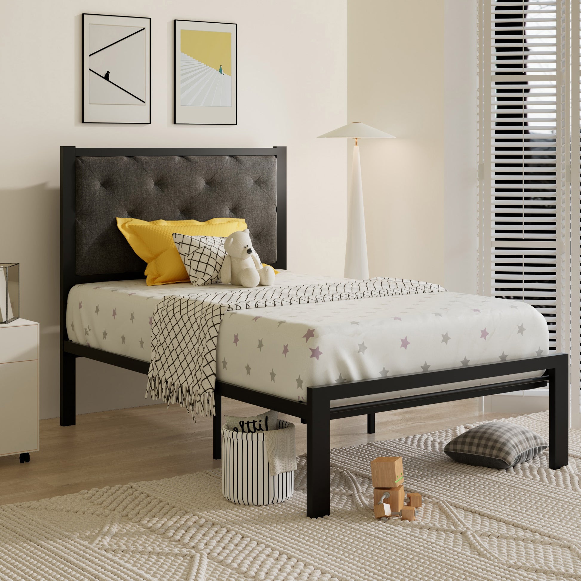 Einfach Fabric Platform Bed frame with Button-Tufted Headboard, Dark Grey