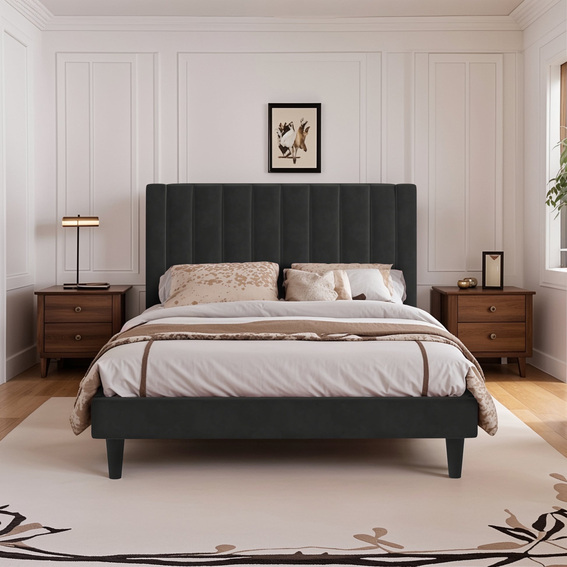 Einfach Platform Bed Frame with Upholstered Velvet Vertical Headboard
