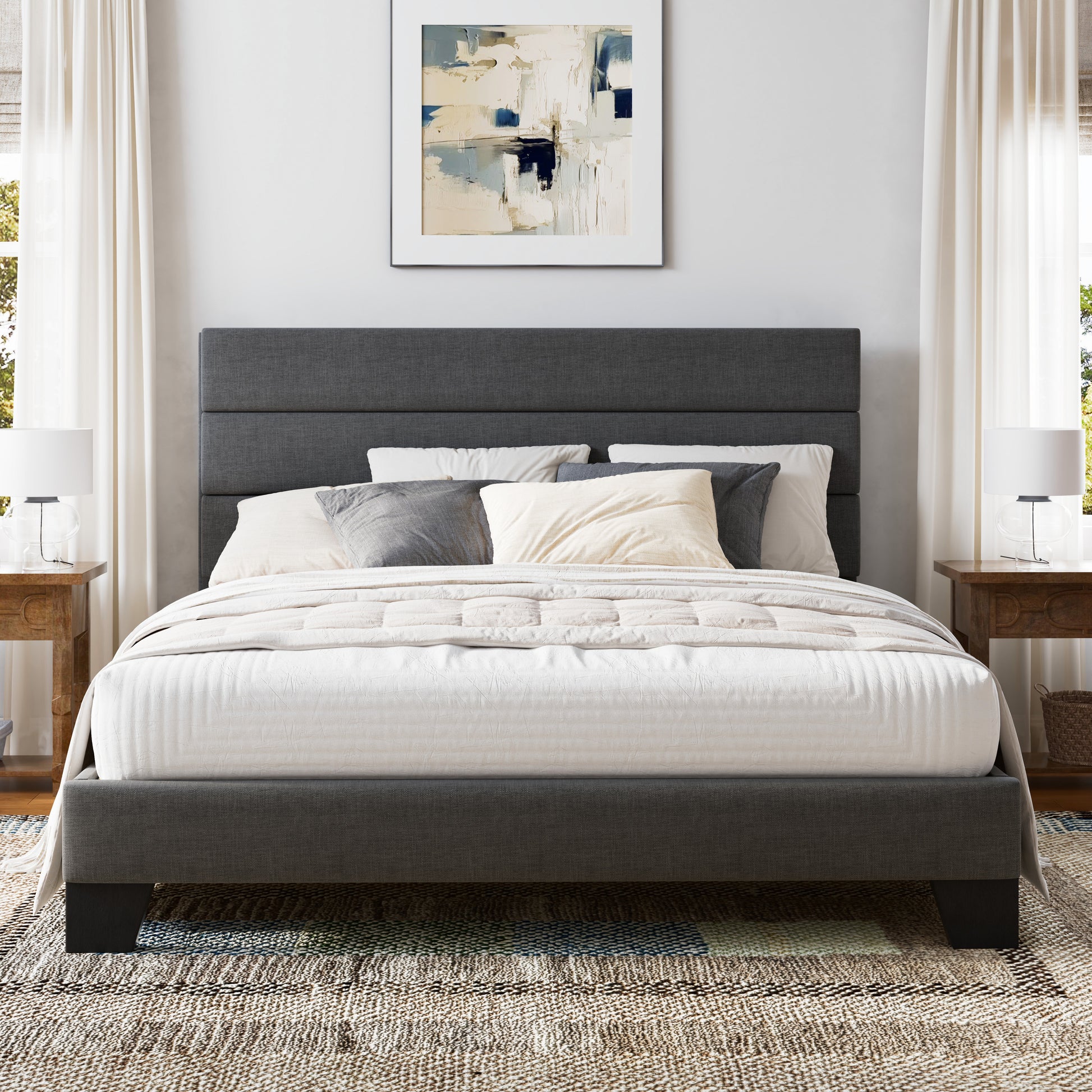 Einfach Bed Frame, Platform Bed Frame with Pannel Upholstered Fabric Headboard