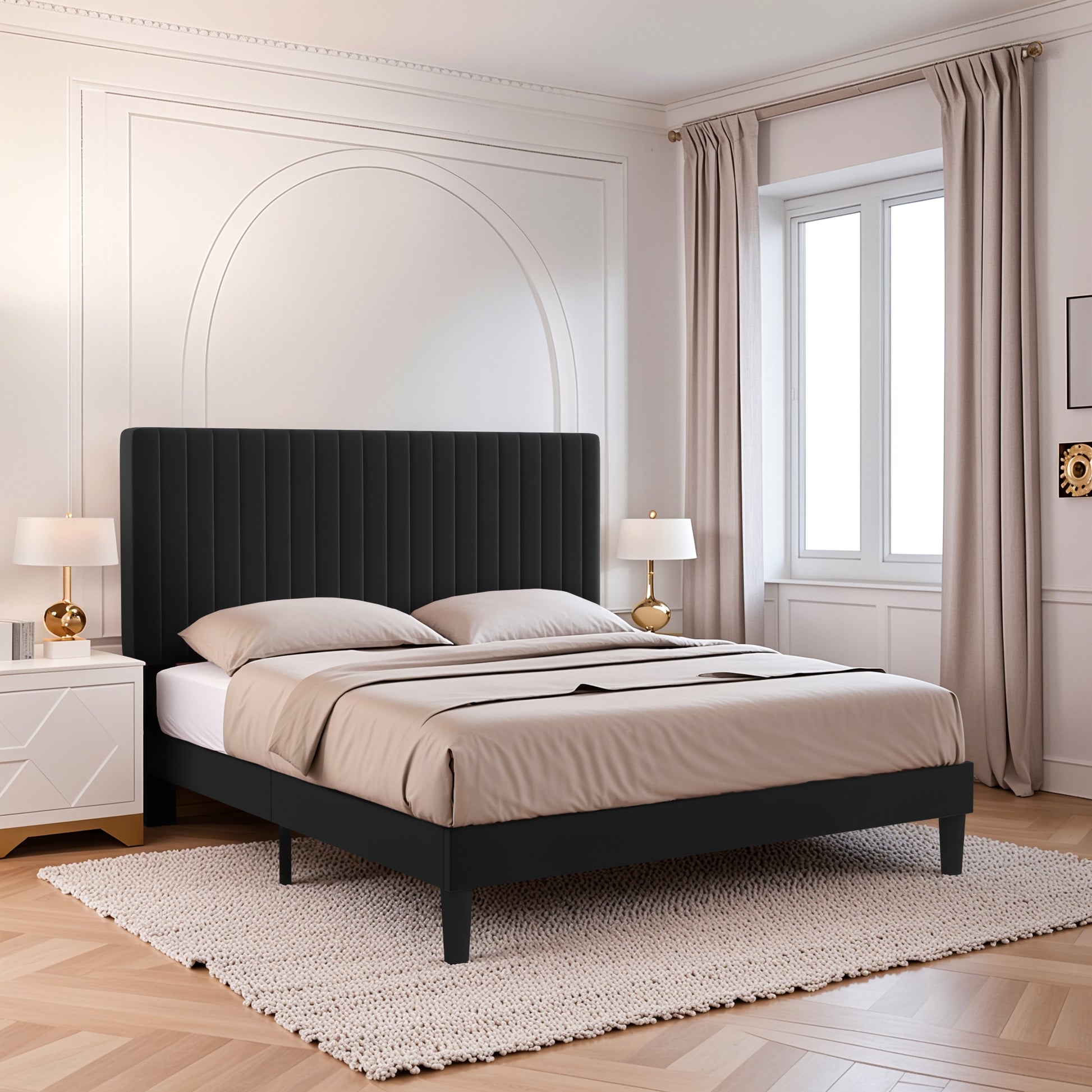Einfach Platform Bed Frame with Upholstered Adjustable Velvet Vertical Tufted Headboard