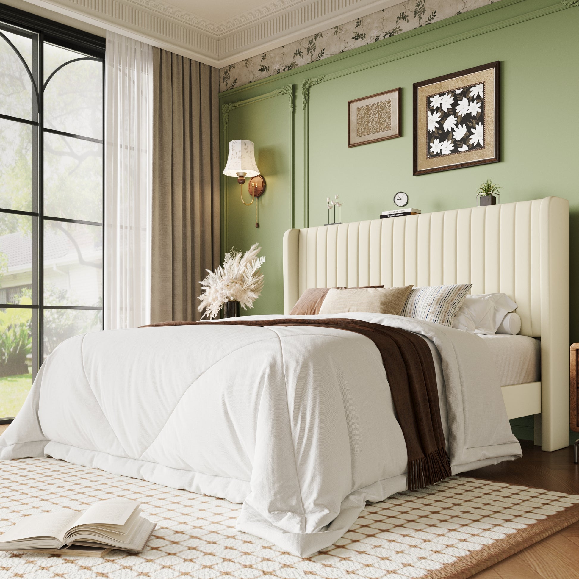 Einfach Upholstered Bed Frame with Wingback Headboard, Vertical Tufted, Velvet Finish