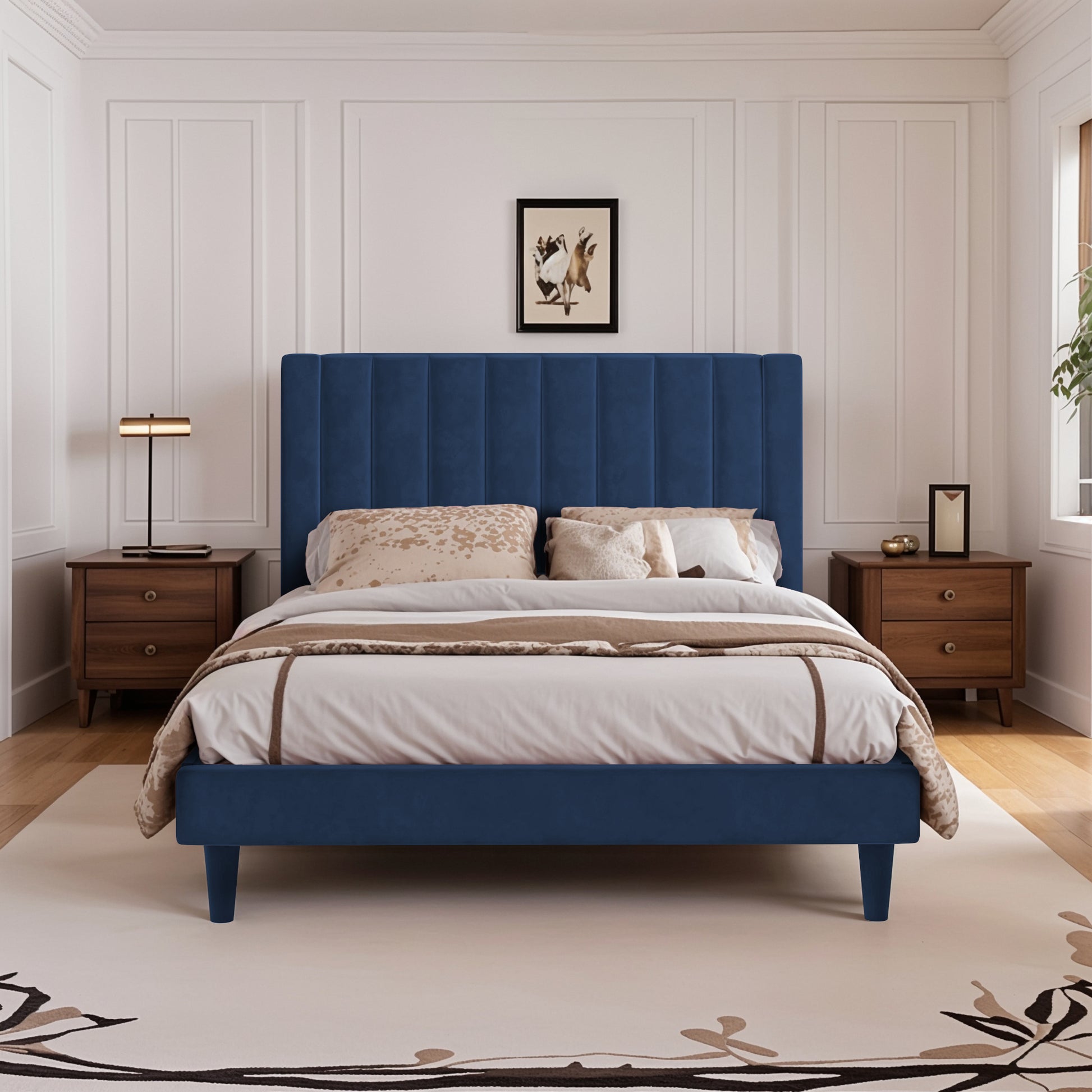 Einfach Platform Bed Frame with Upholstered Velvet Vertical Headboard