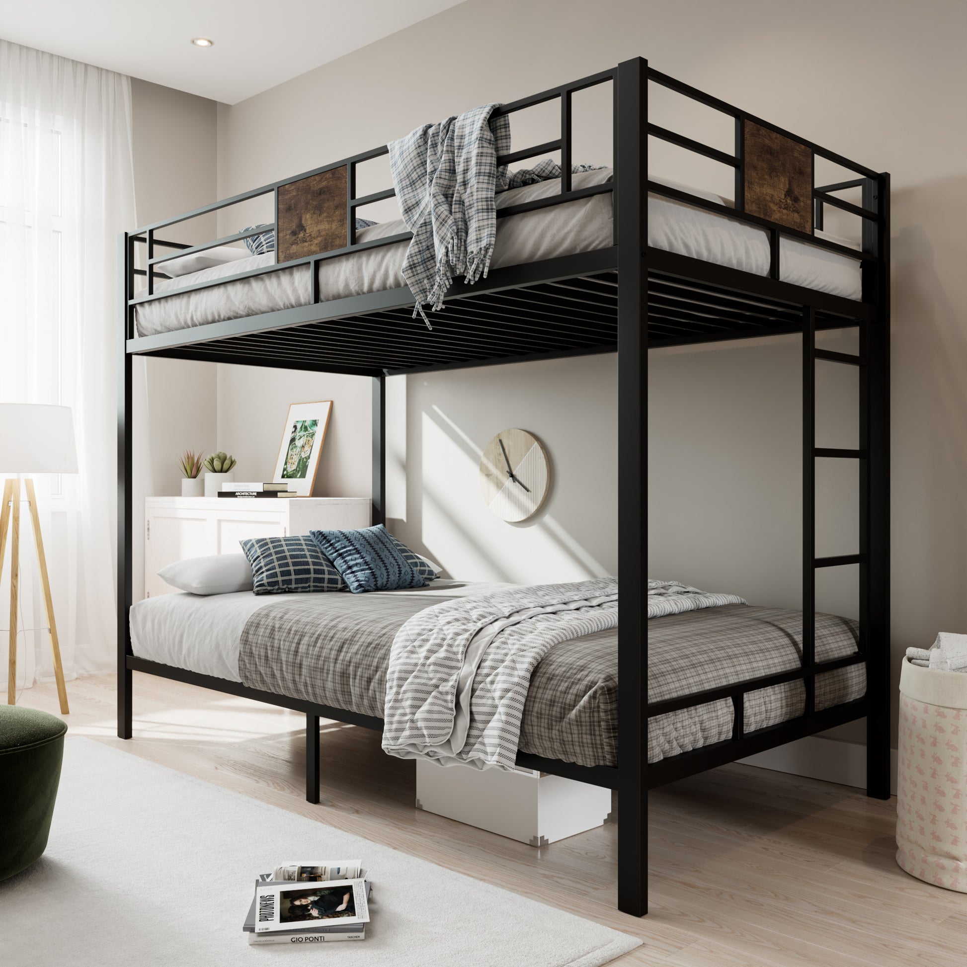 Einfach Twin over Twin Bunk Bed Frame with 13''Fully Enclosed Guardrail and Removable Ladders, Black