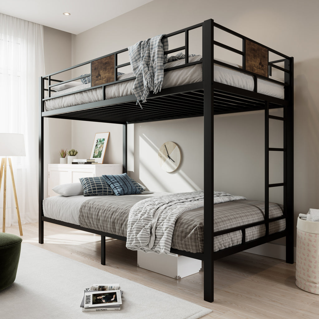 Einfach Twin over Twin Bunk Bed Frame with 13''Fully Enclosed Guardrail and Removable Ladders, Black