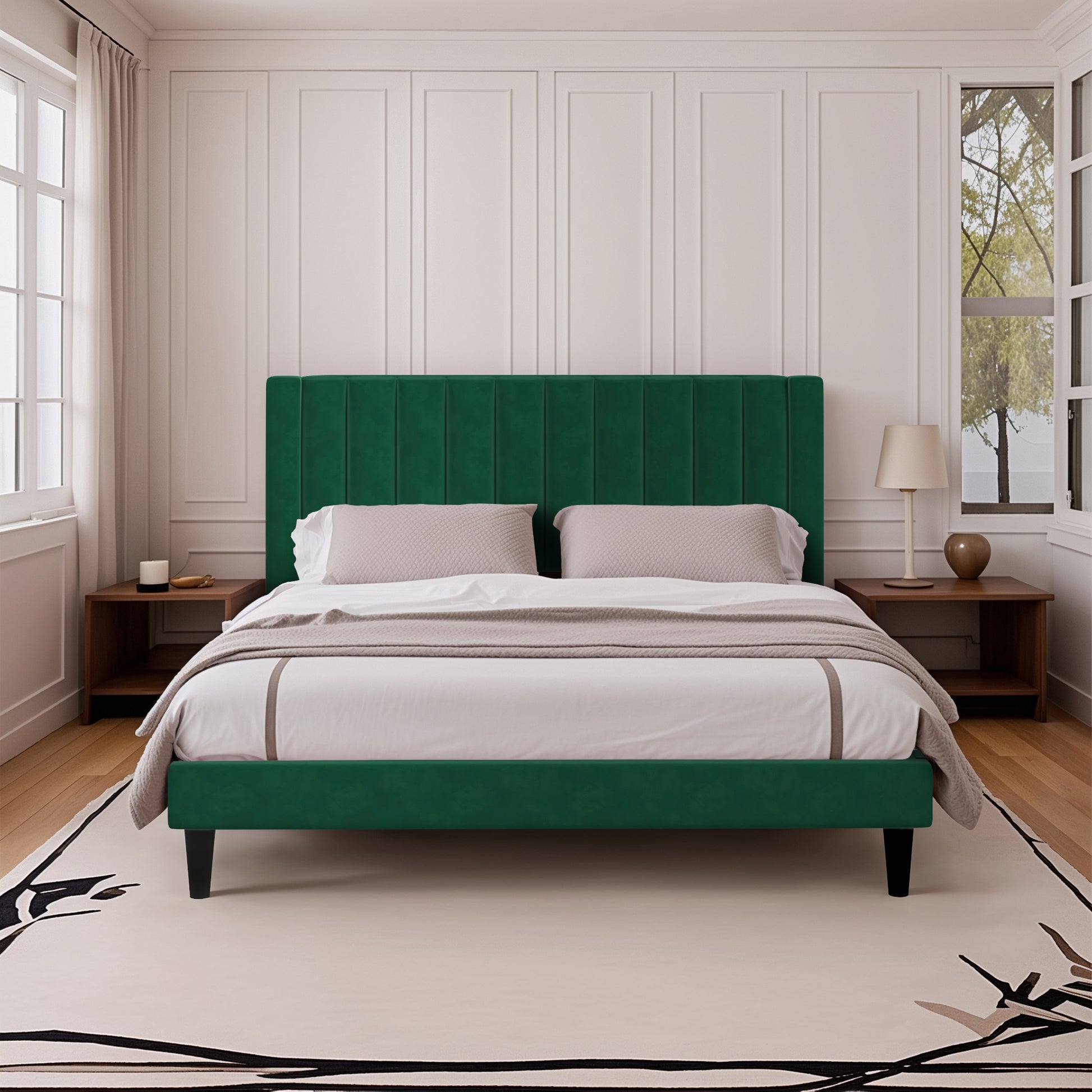 Einfach Platform Bed Frame with Upholstered Velvet Vertical Headboard