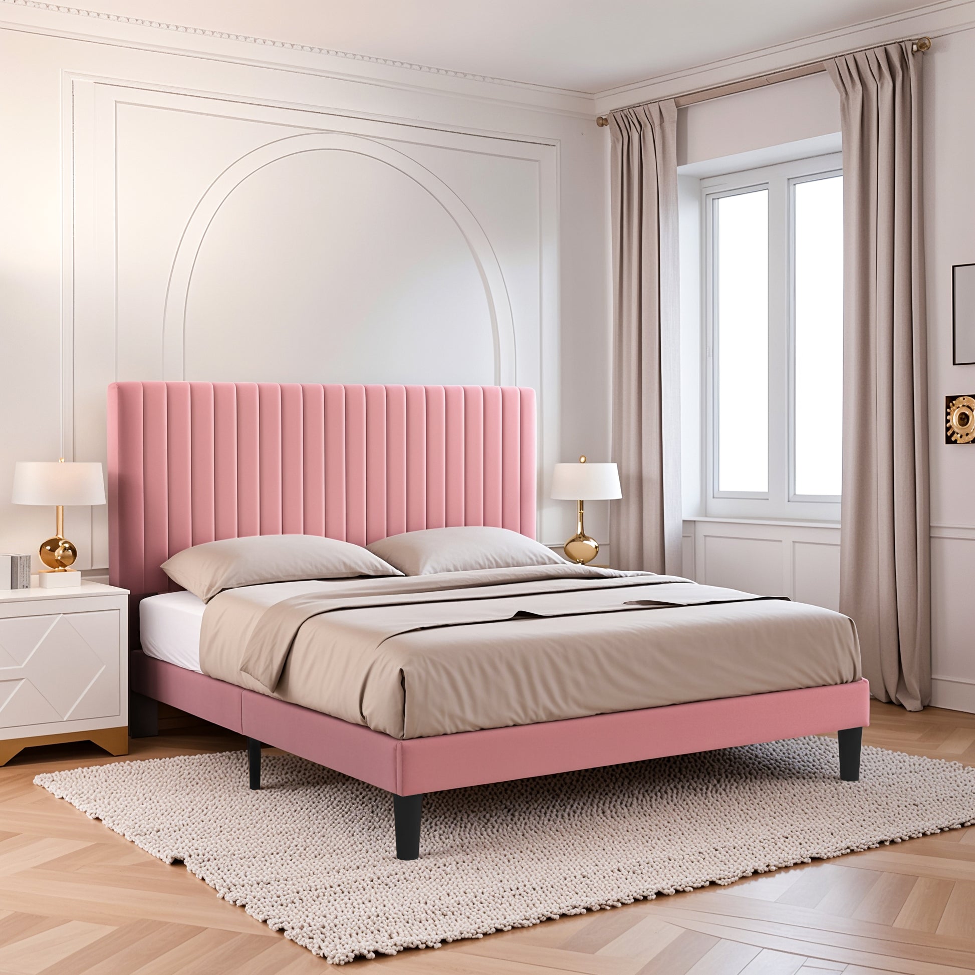 Einfach Platform Bed Frame with Upholstered Adjustable Velvet Vertical Tufted Headboard