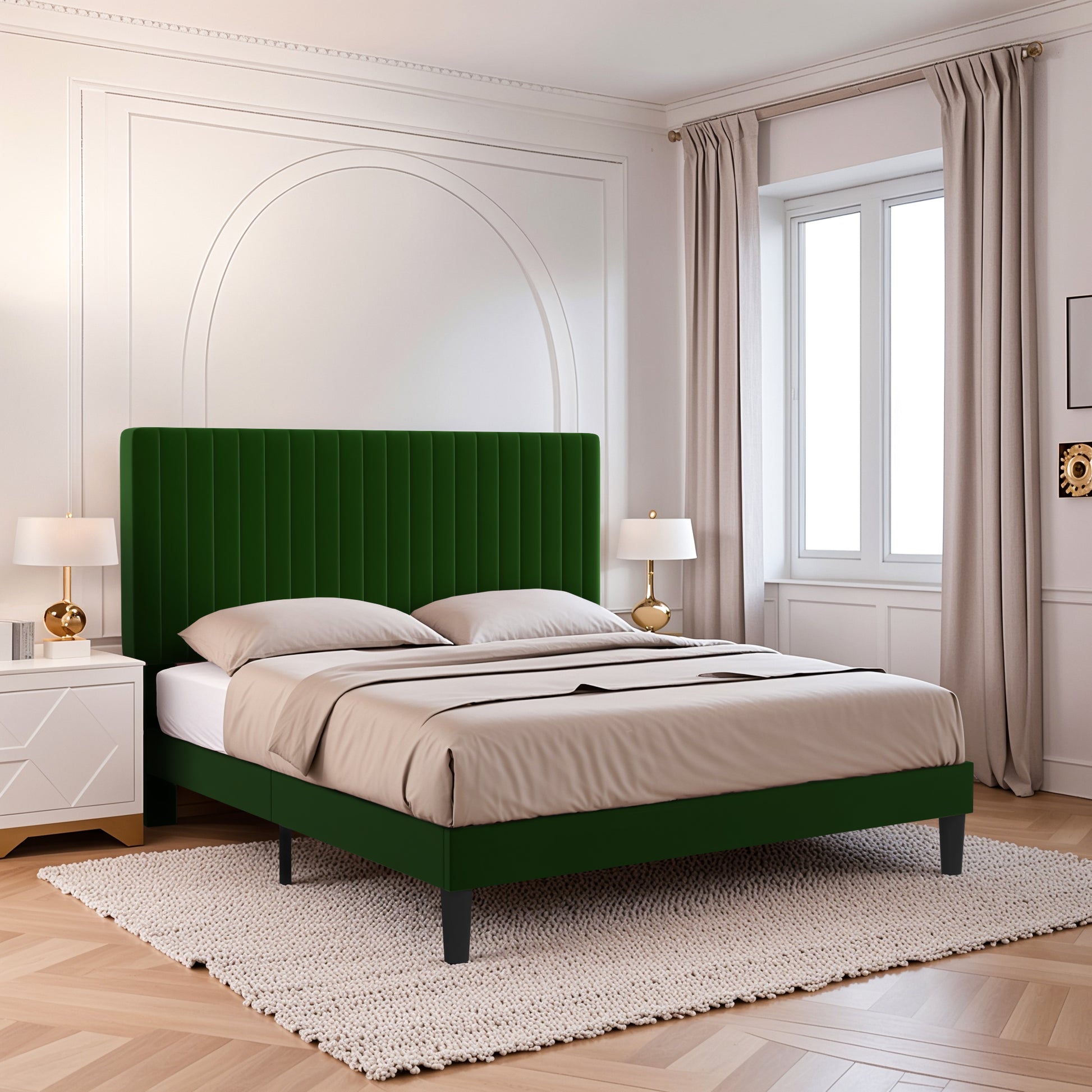 Einfach Platform Bed Frame with Upholstered Adjustable Velvet Vertical Tufted Headboard