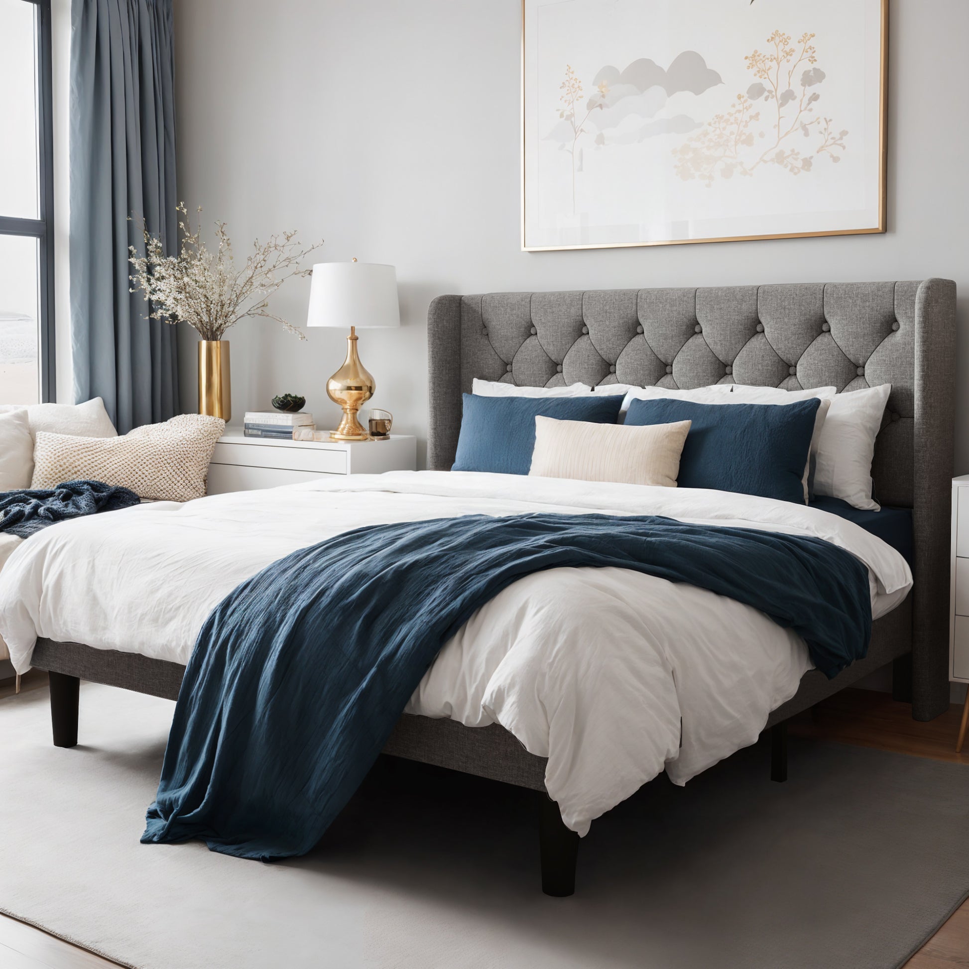 Einfach Upholstered Platform Bed with Classic Button Tufted Headboard, Wingback Design