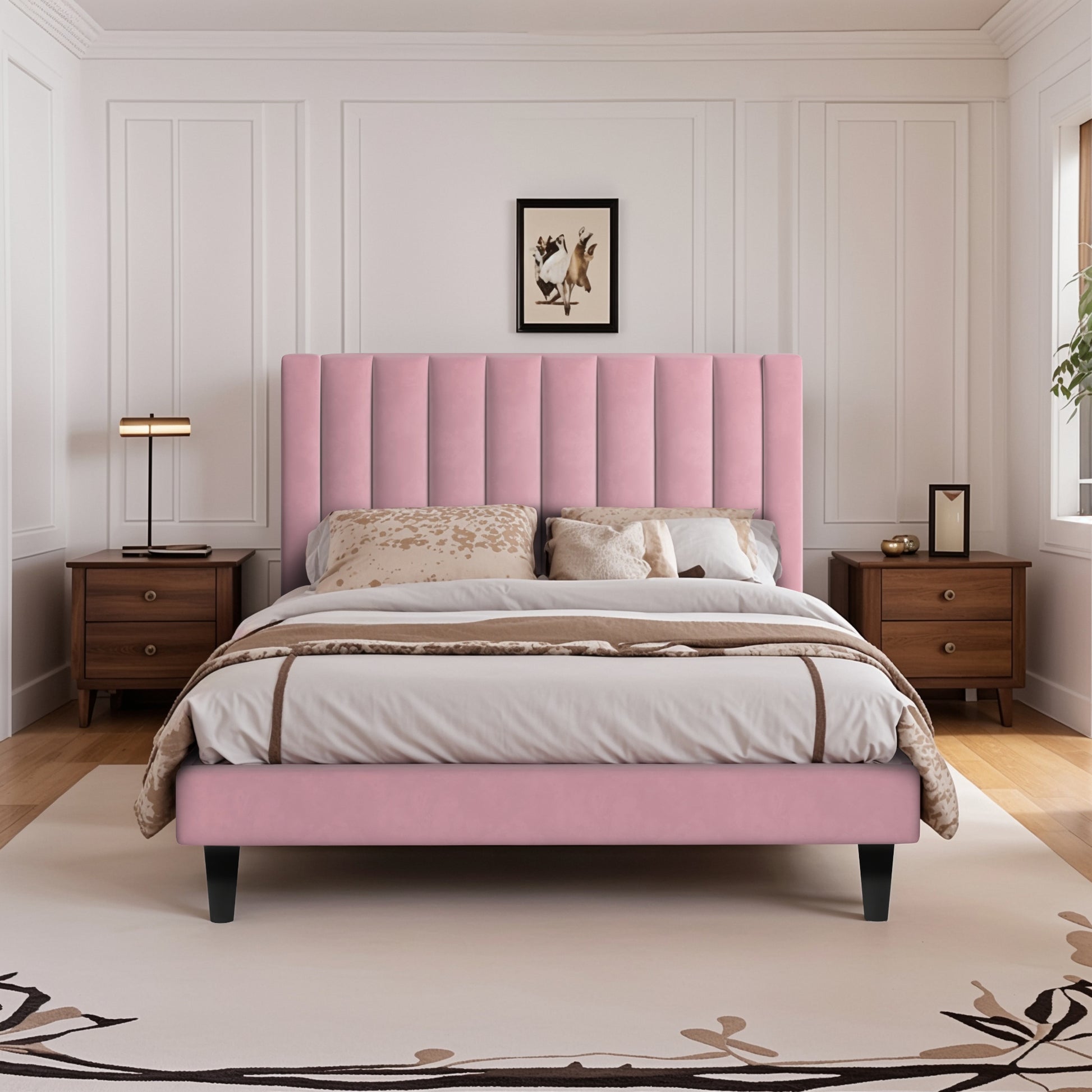Einfach Platform Bed Frame with Upholstered Velvet Vertical Headboard
