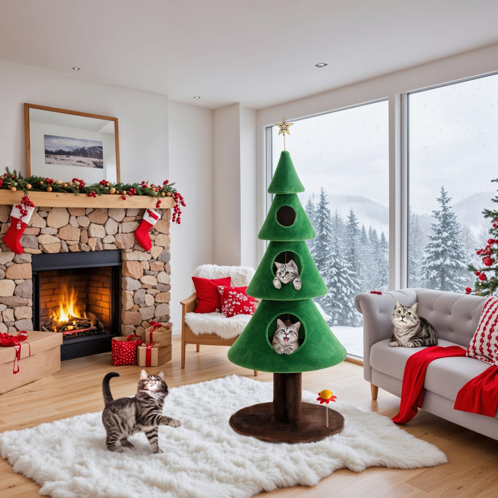 Einfach 63 inches Christmas Cat Tree and Tower Condo for Indoor Cats with Pom-Poms & Cat Teaser, Green & Brown