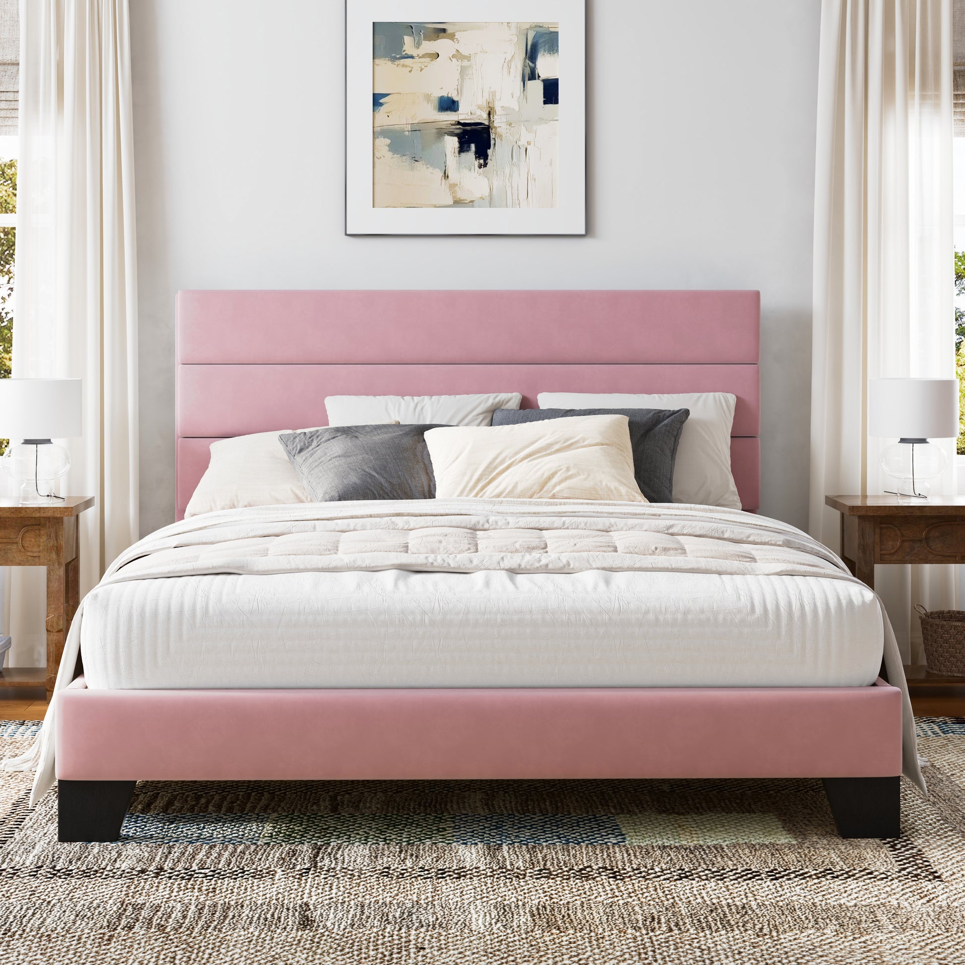 Einfach Bed Frame, Platform Bed Frame with Panel Upholstered Headboard