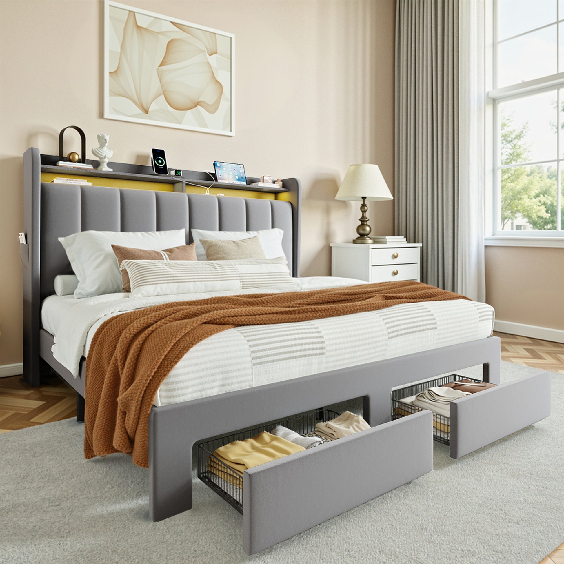 Einfach Bed Frame, Storage Bed with Built-In Charging Station, Velvet Upholstered Wingback Headboard