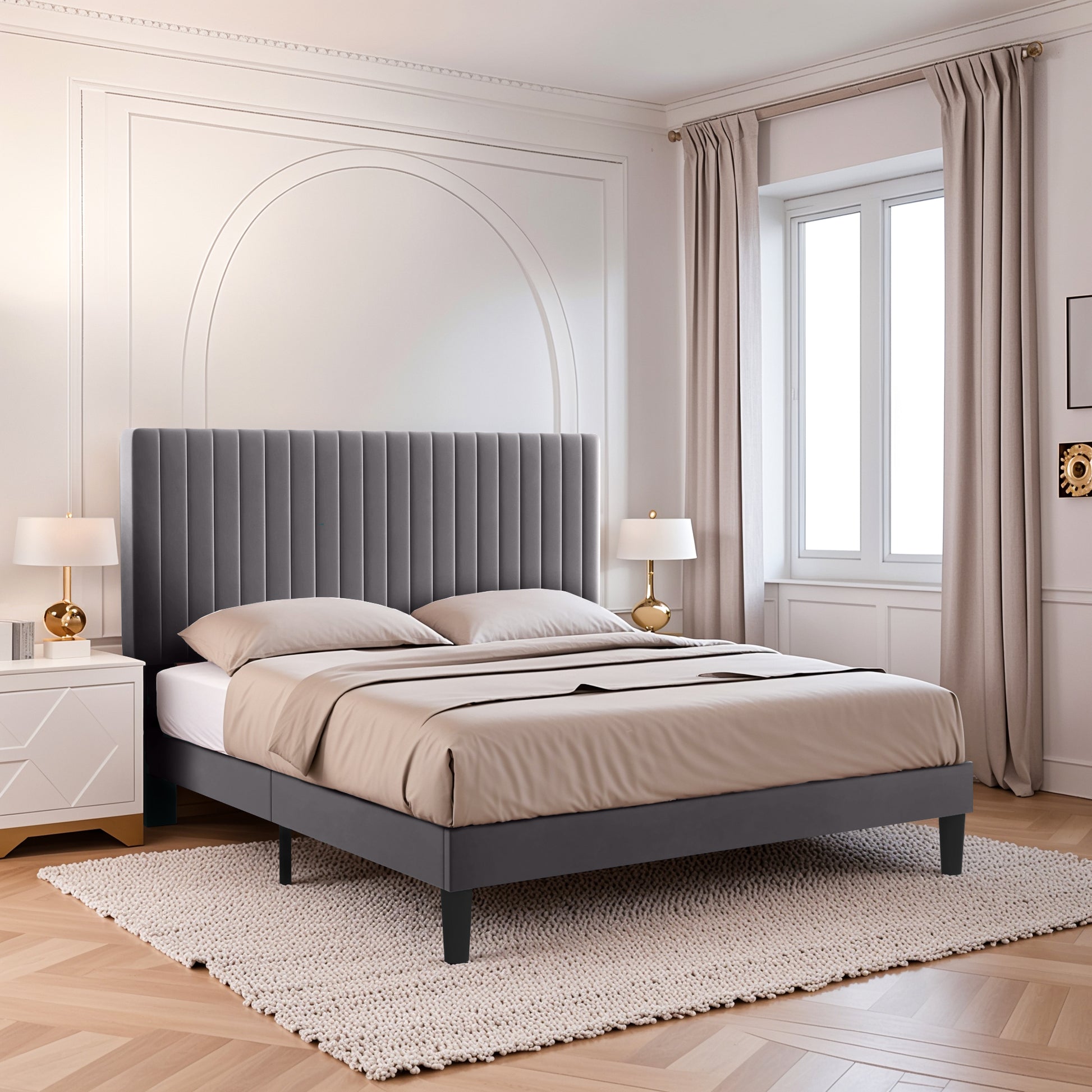Einfach Platform Bed Frame with Upholstered Adjustable Velvet Vertical Tufted Headboard