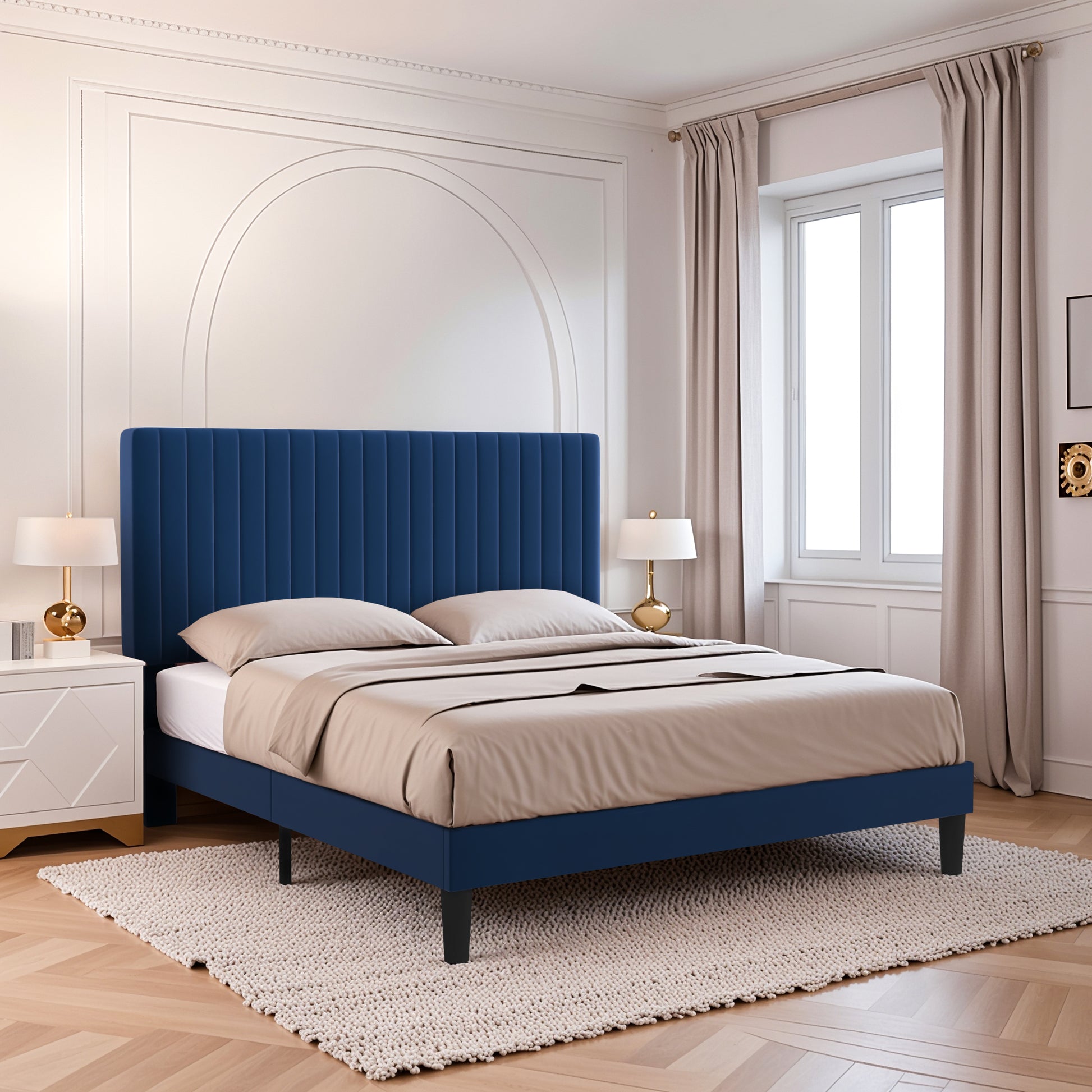 Einfach Platform Bed Frame with Upholstered Adjustable Velvet Vertical Tufted Headboard