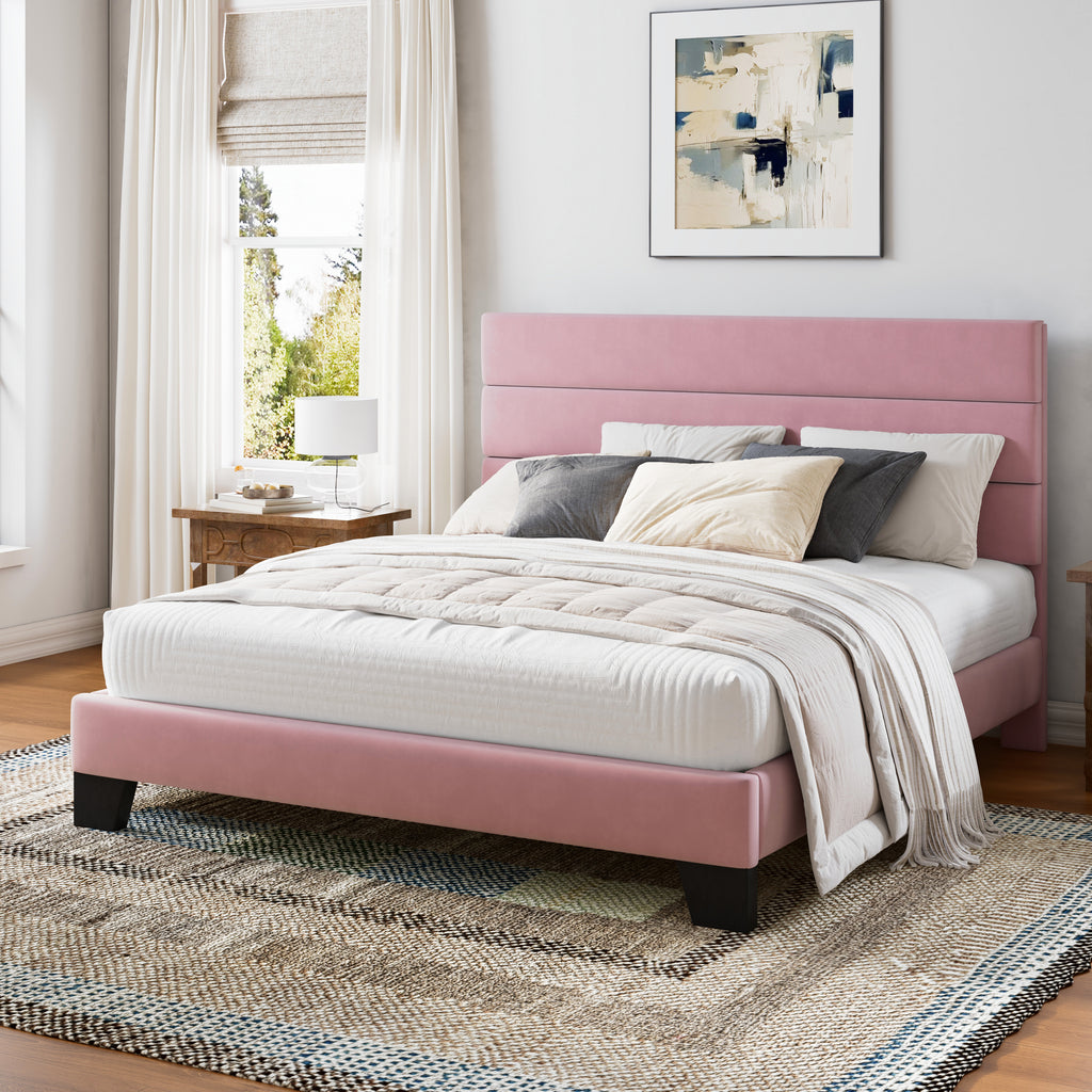 Einfach Bed Frame, Platform Bed Frame with Panel Upholstered Headboard