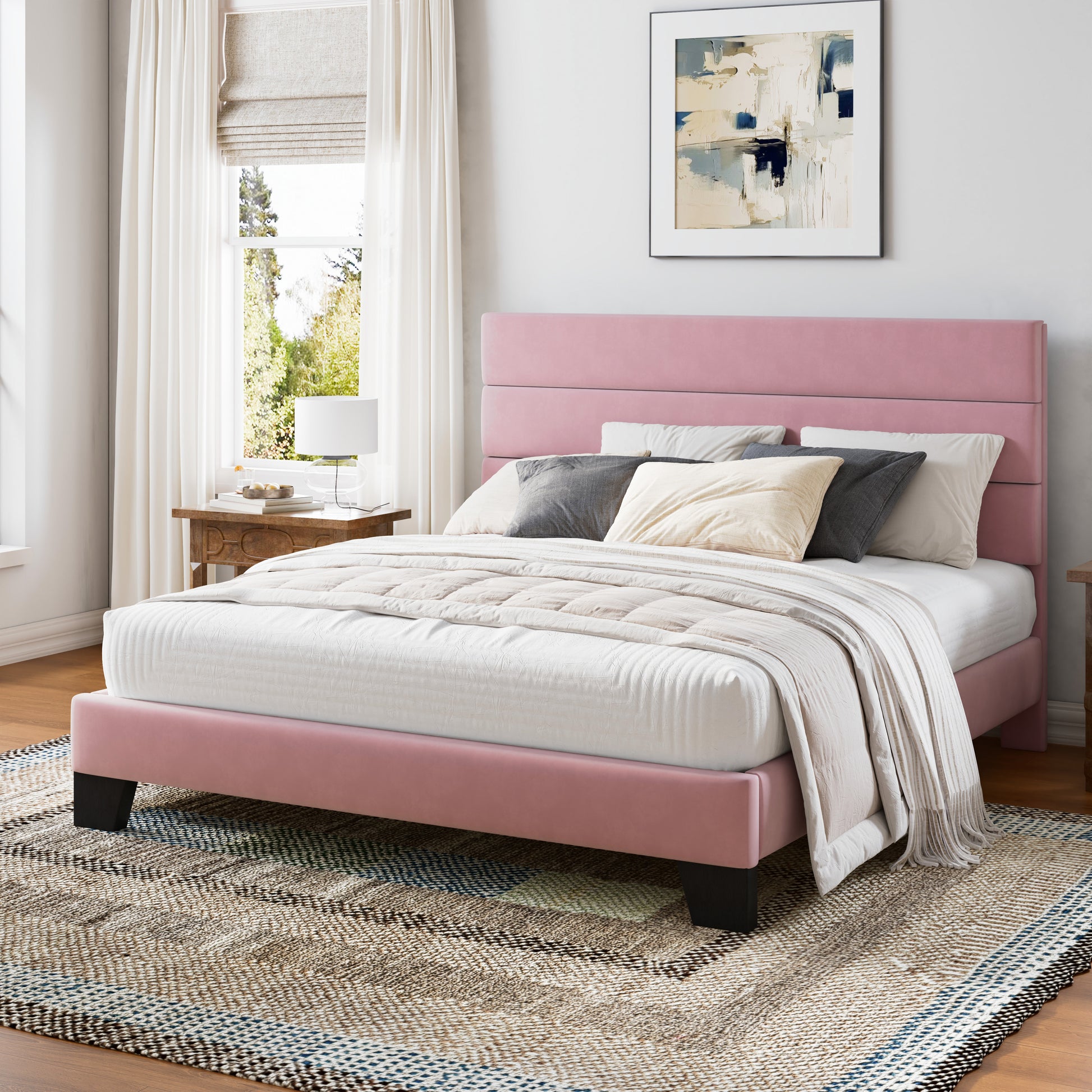 Einfach Bed Frame, Platform Bed Frame with Panel Upholstered Headboard