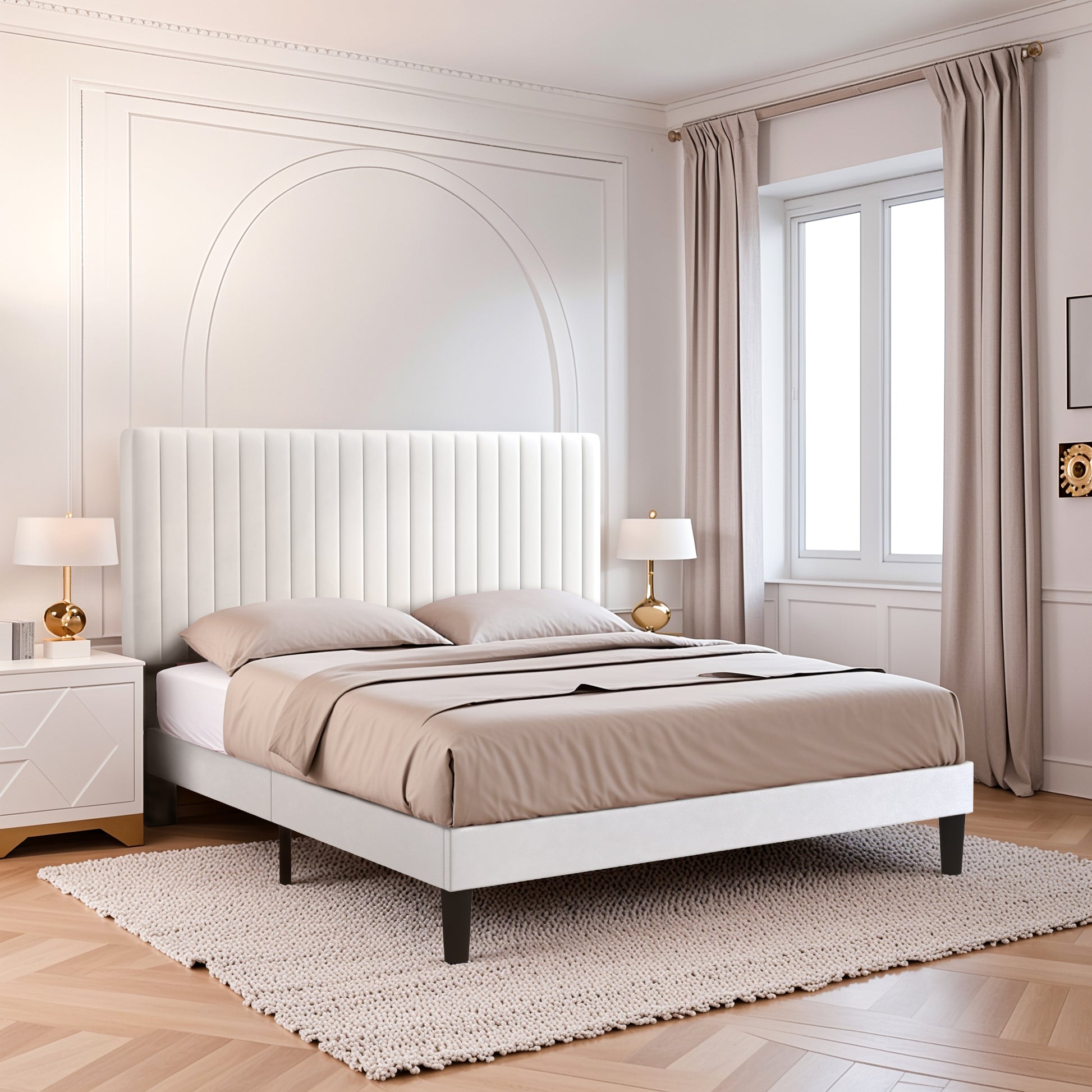 Einfach Platform Bed Frame with Upholstered Adjustable Velvet Vertical Tufted Headboard