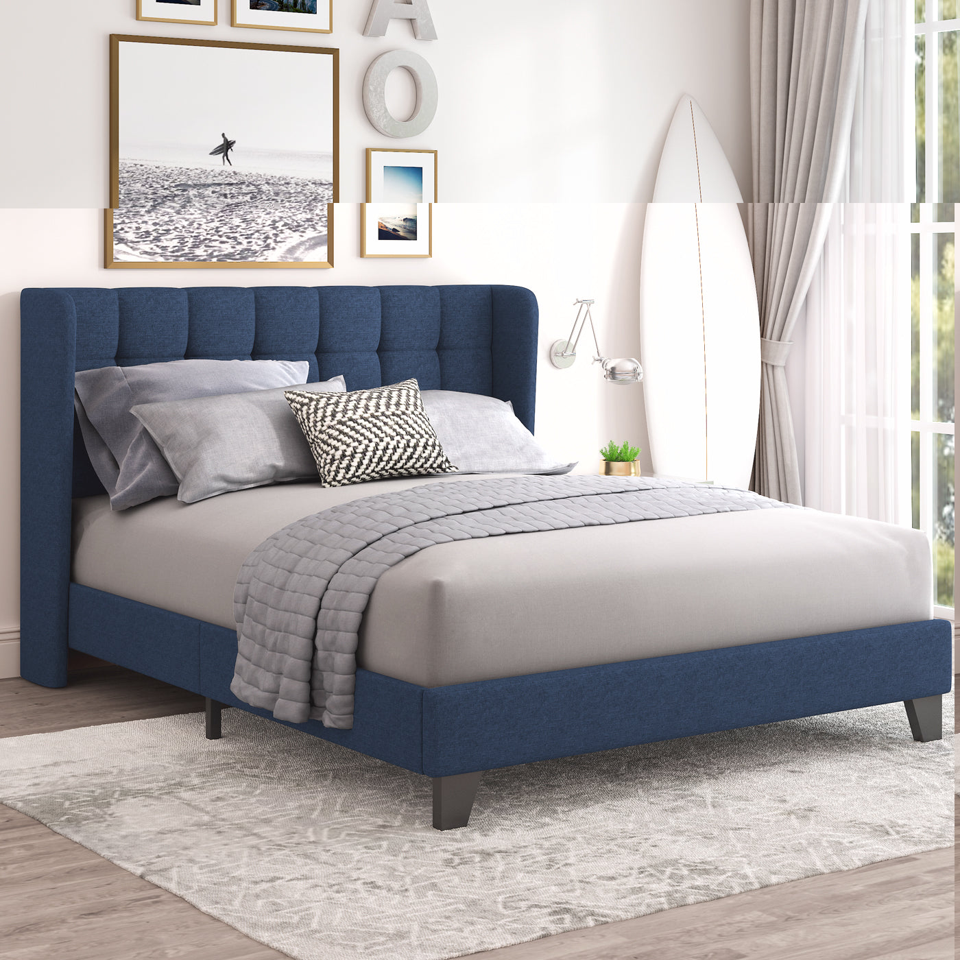 Einfach Linen Fabric Platform Bed with Upholstered Wingback Headboard