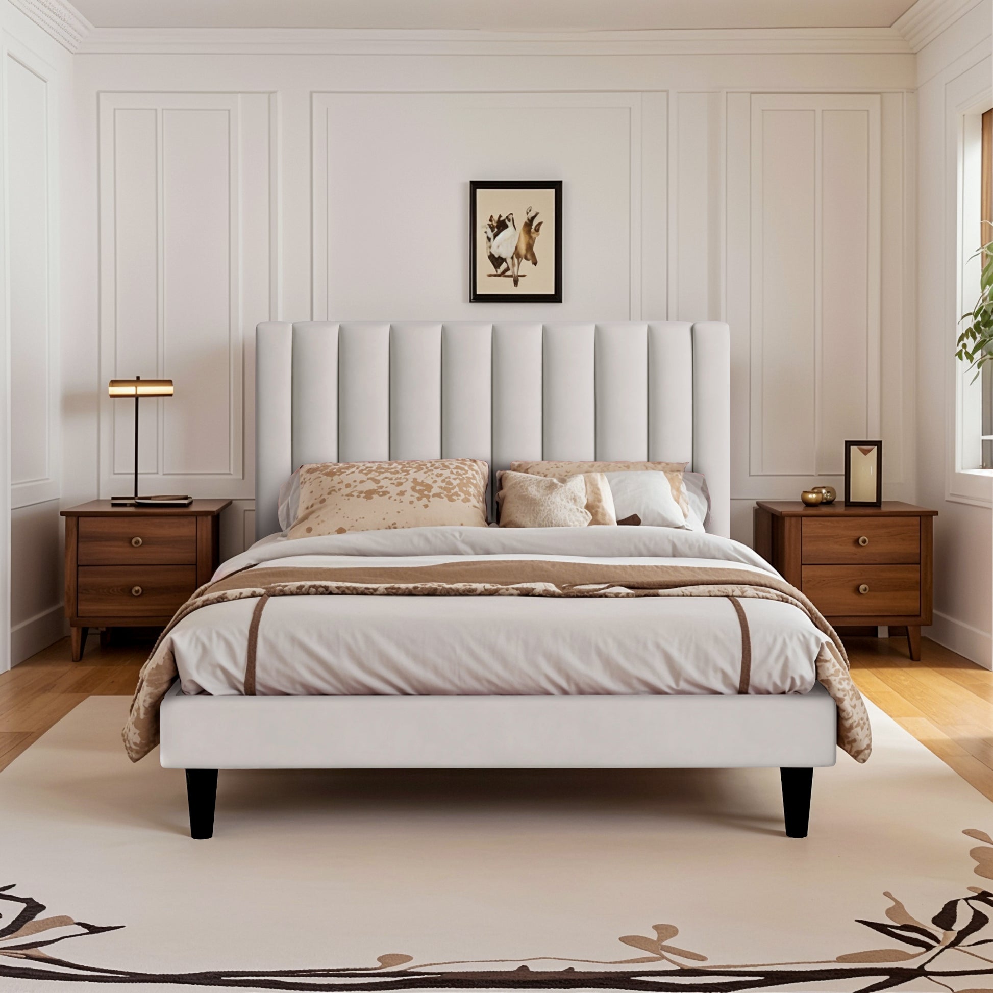 Einfach Platform Bed Frame with Upholstered Velvet Vertical Headboard