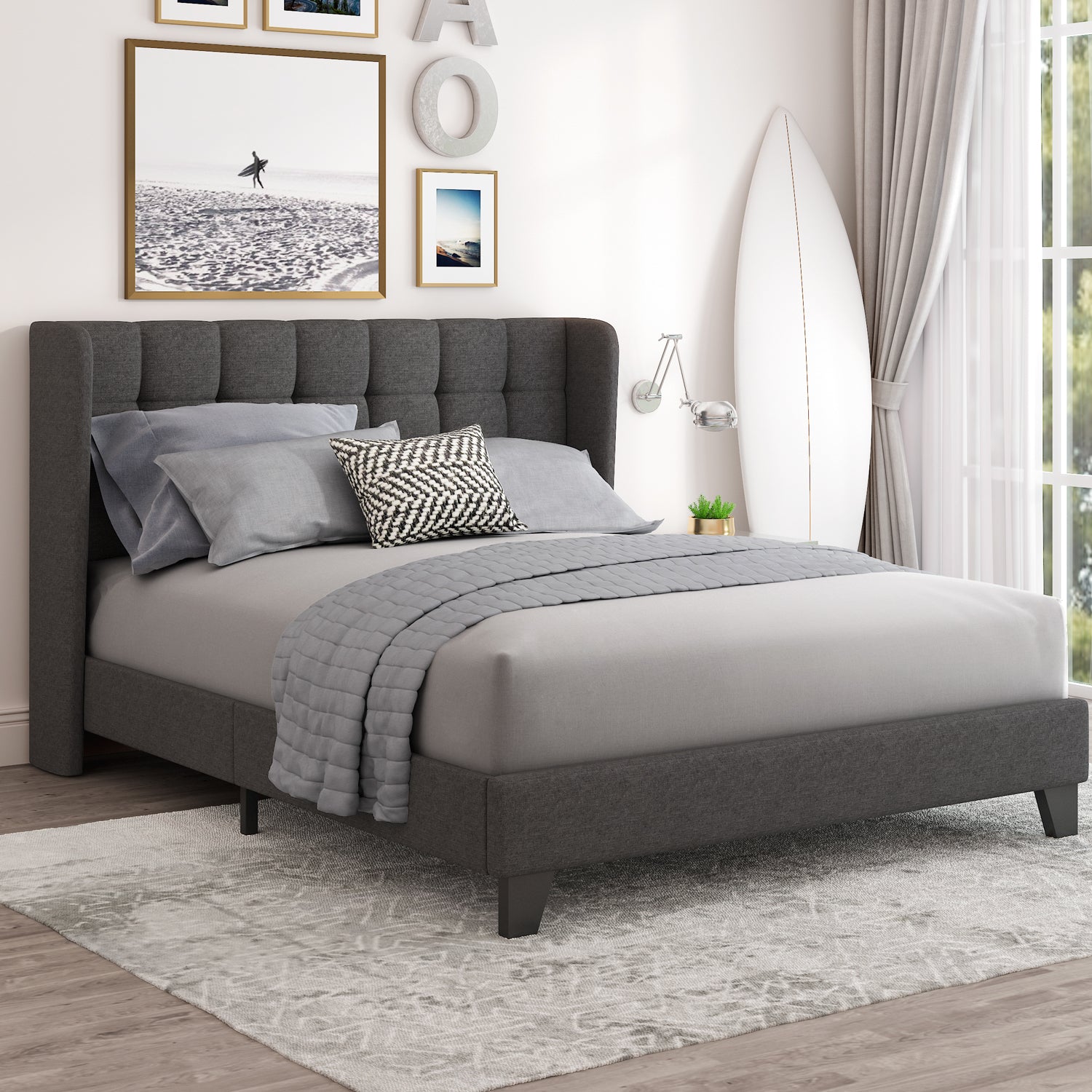 Einfach Linen Fabric Platform Bed with Upholstered Wingback Headboard