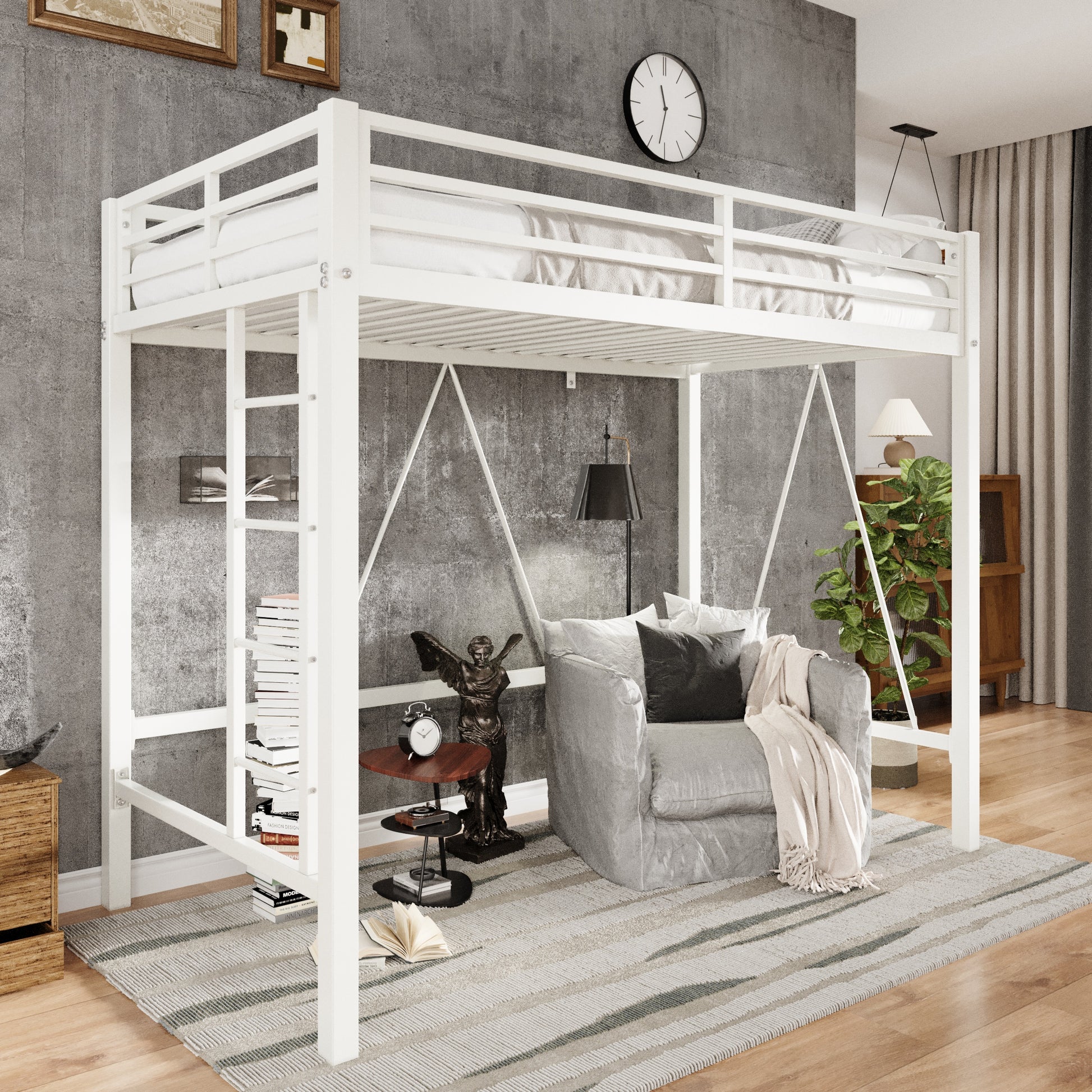 Einfach Twin Size Metal Loft Bed with Full-Length Guardrail & Removable Ladder