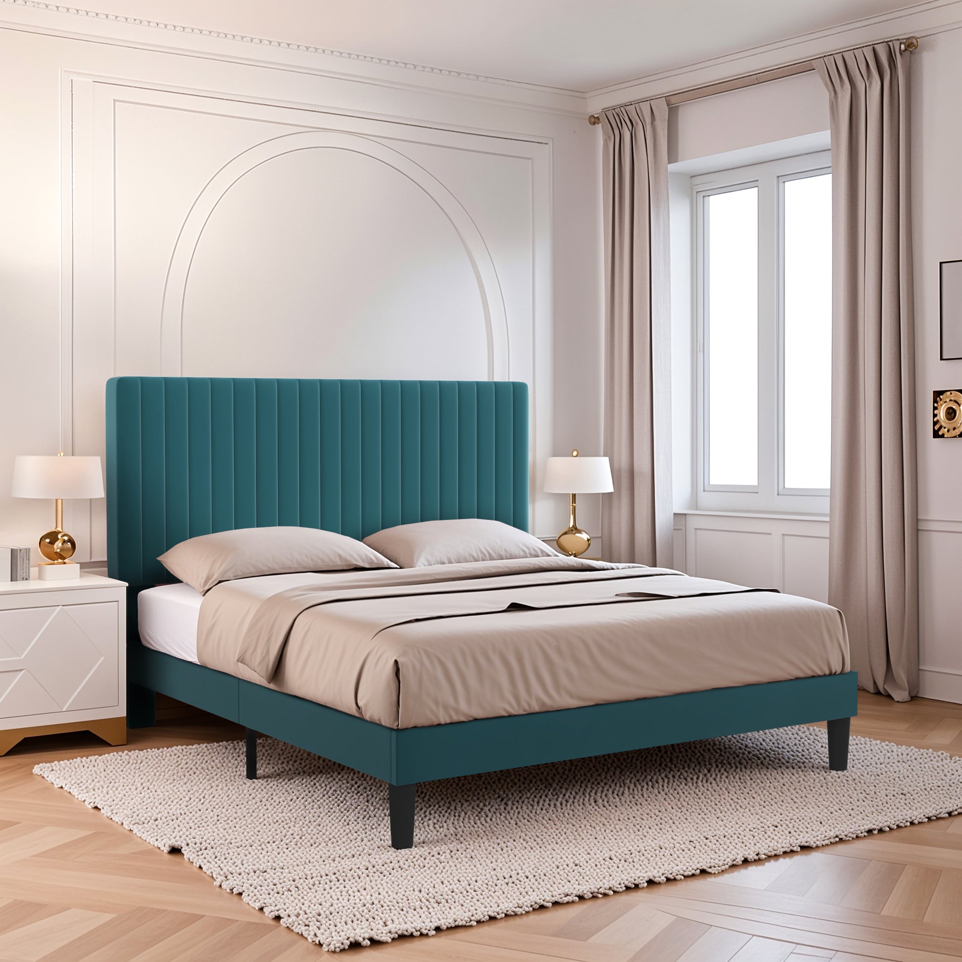 Einfach Platform Bed Frame with Upholstered Adjustable Velvet Vertical Tufted Headboard