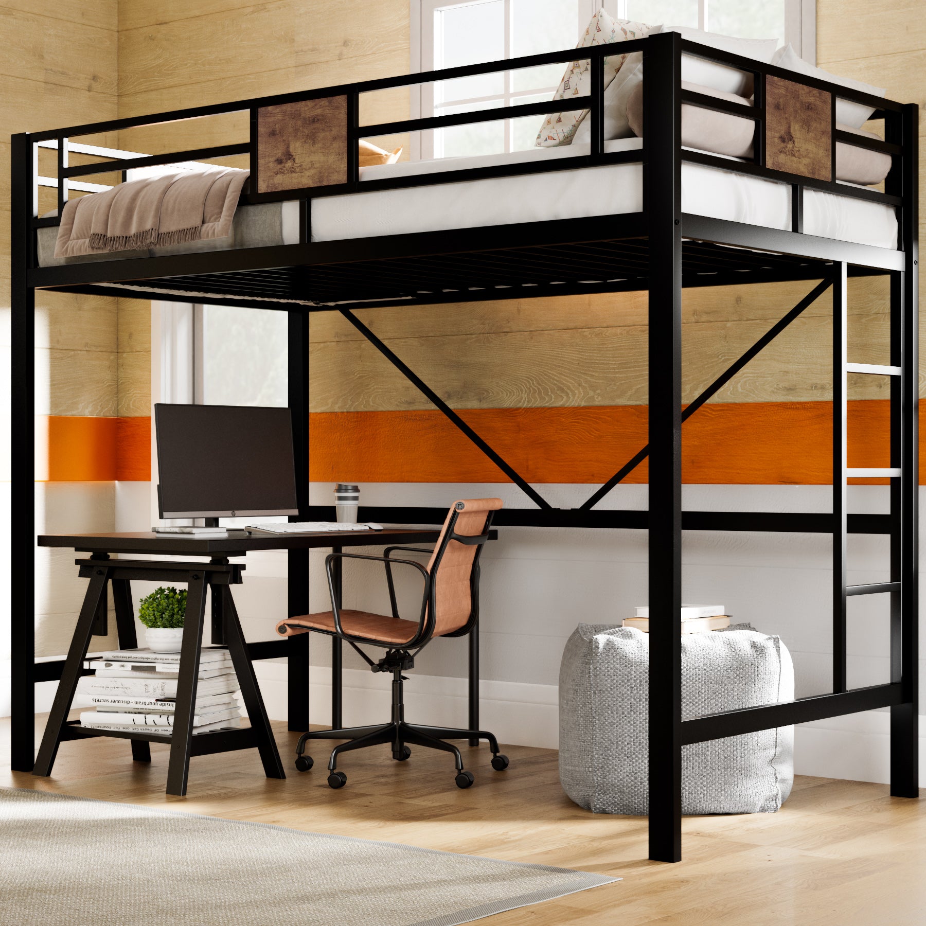 Einfach Twin Size Loft Bed Frame with 13''Fully Enclosed Guardrail and Removable Ladders, Black