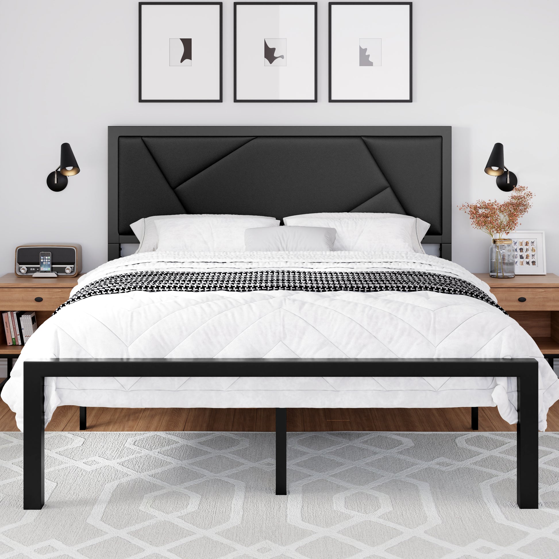 Einfach Bed Frame Geometric Litchi Grain Leather Upholstered Headboard, Black