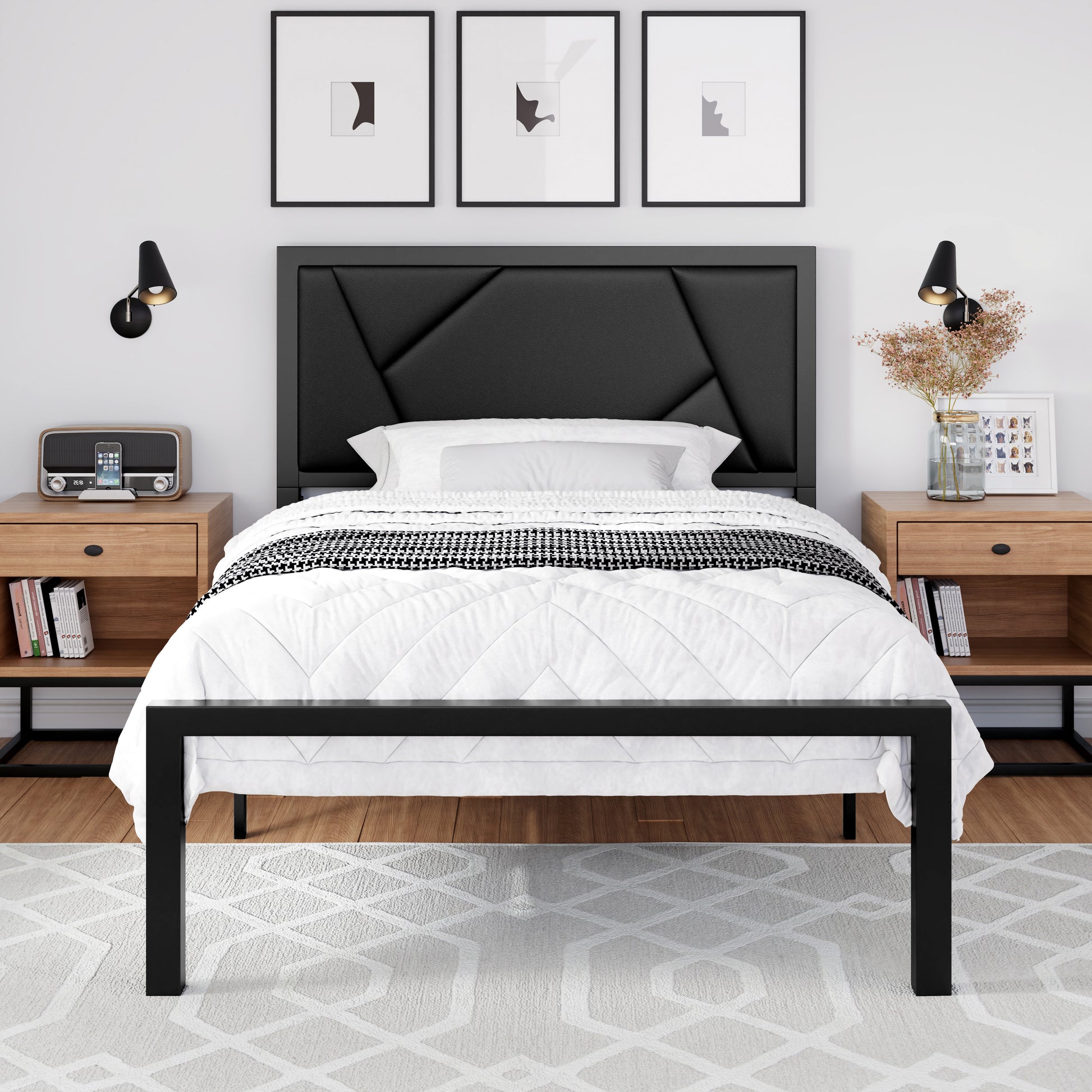 Einfach Bed Frame Geometric Litchi Grain Leather Upholstered Headboard, Black