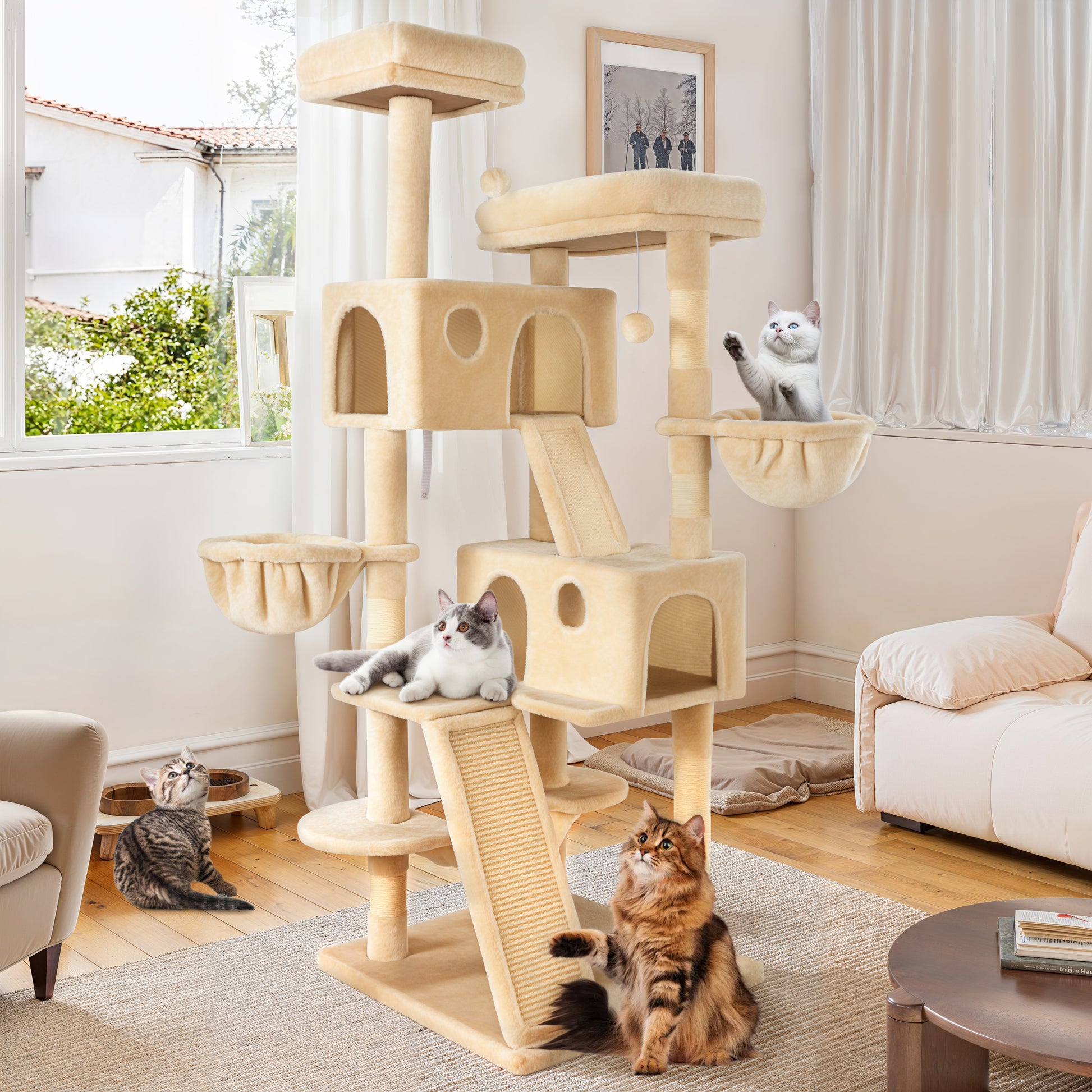 Einfach 65.7" Large Cat Tree and Tower Condo House with Hammock, 2 Scratching Boards & 5 Scratching Posts