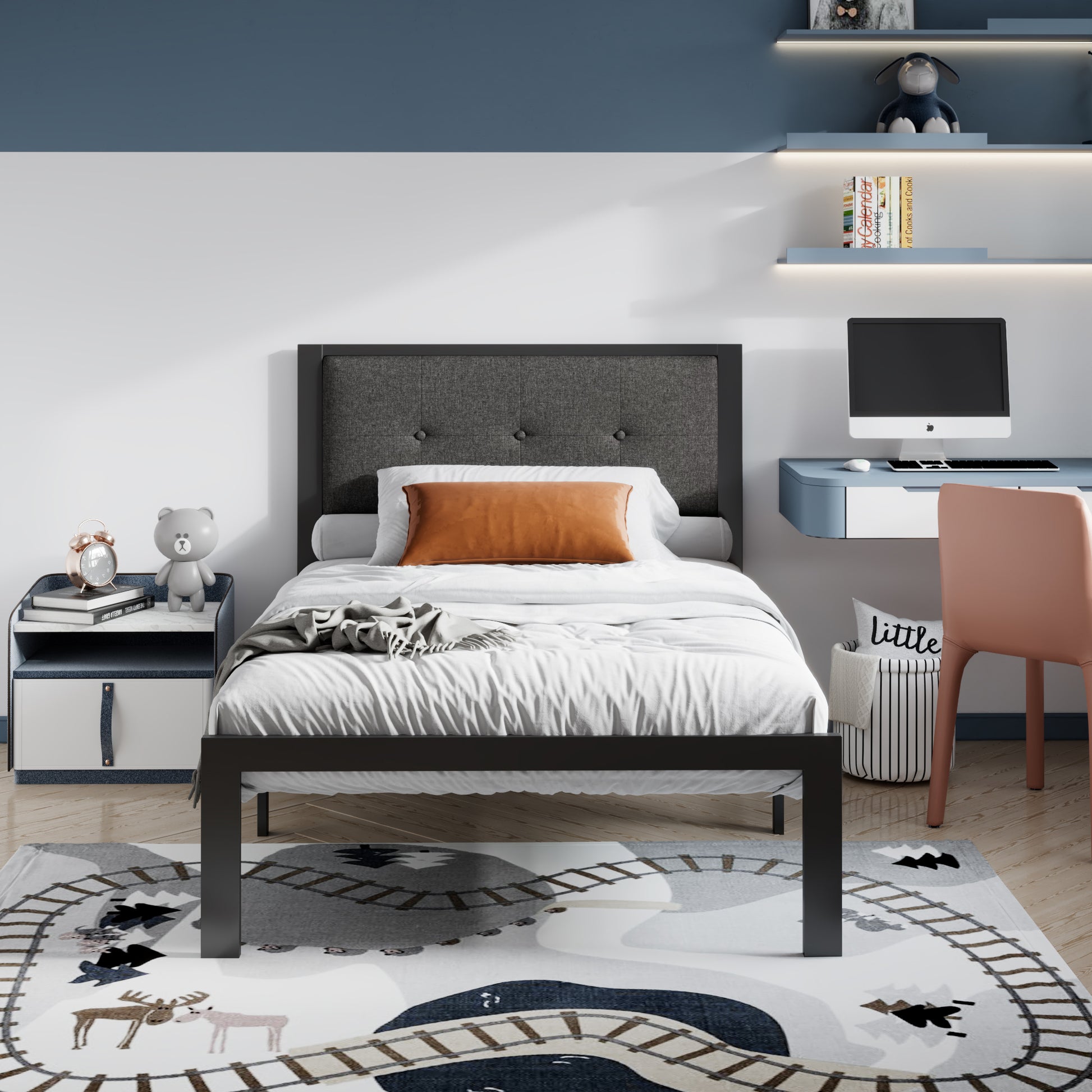 Einfach Platform Bed with Button Tufted Square Stitched Headboard