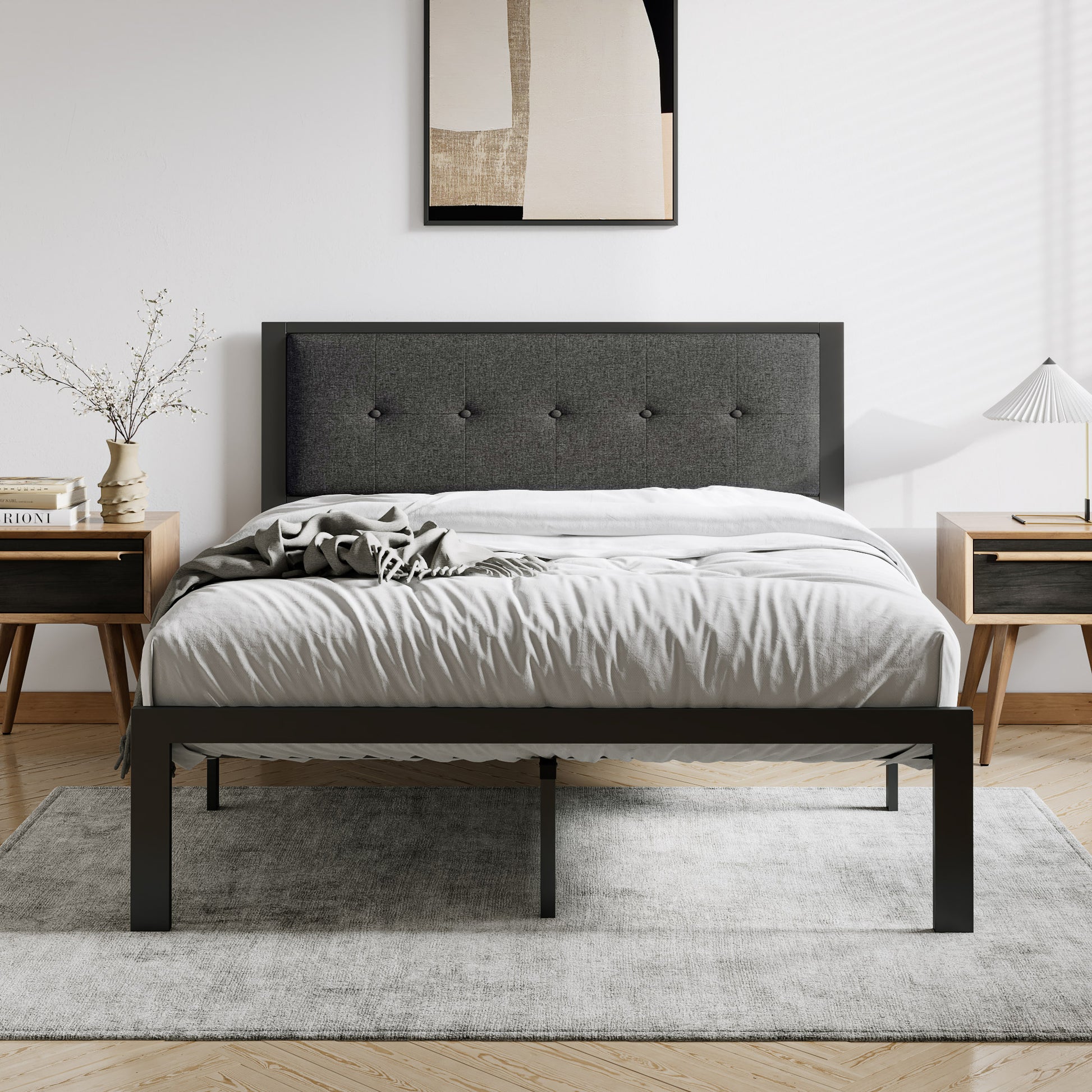 Einfach Platform Bed with Button Tufted Square Stitched Headboard