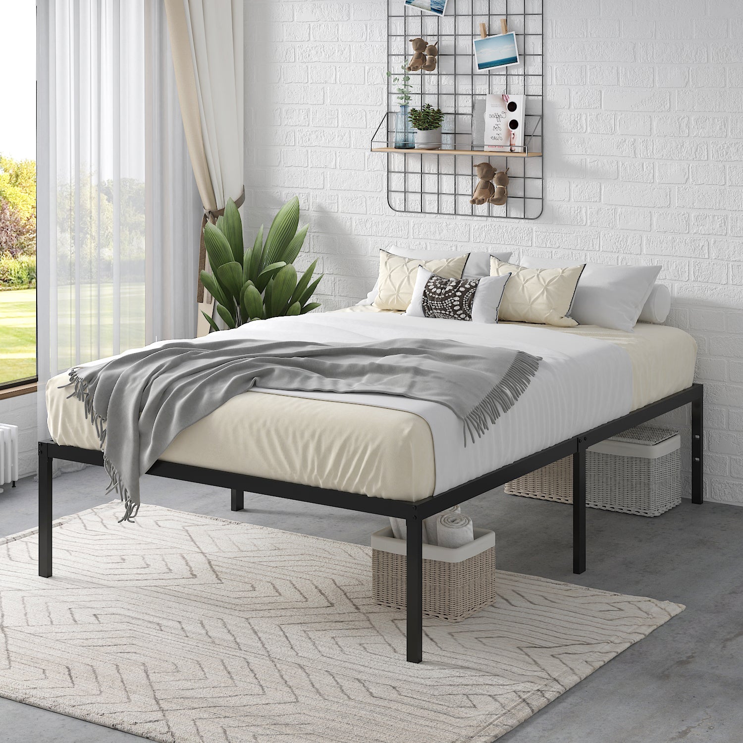 Einfach Platform Bed Frame with Metal Slat Support,16.5'' Under-bed Storage Space, Black