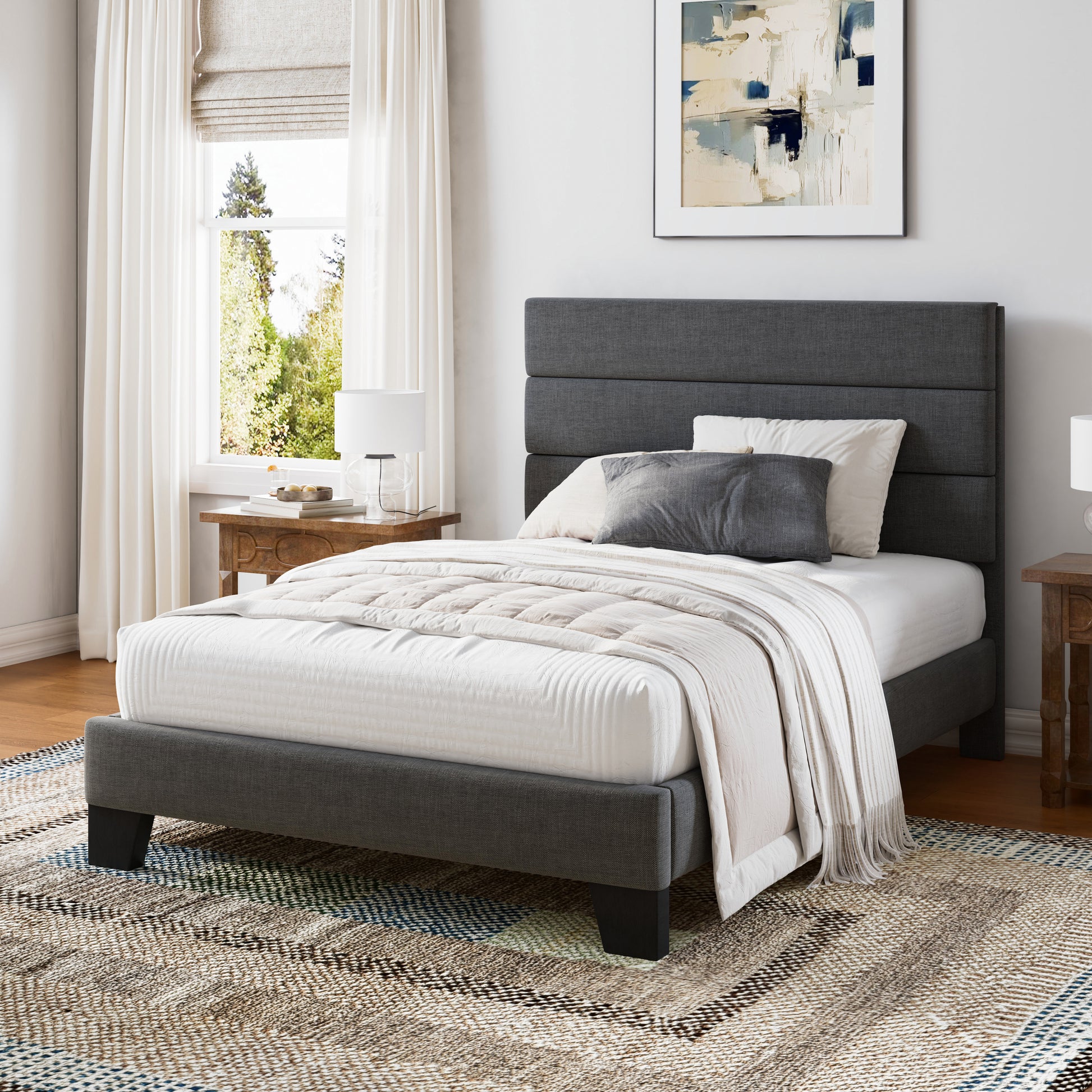 Einfach Bed Frame, Platform Bed Frame with Panel Upholstered Headboard